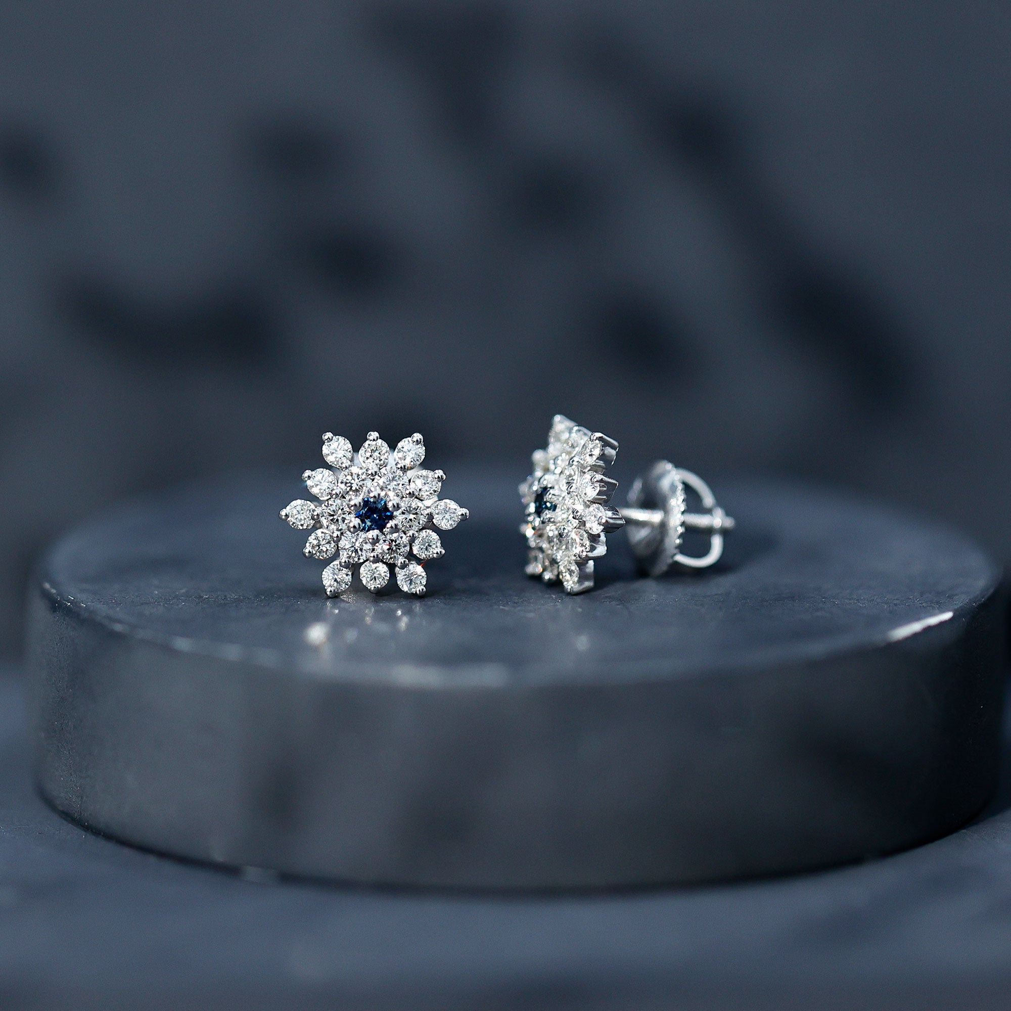 Real Blue Sapphire and Diamond Floral Cluster Stud Earrings AAA - Rosec Jewels
