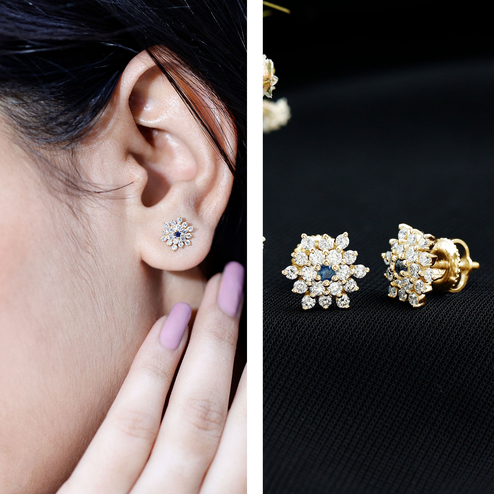 Real Blue Sapphire and Diamond Floral Cluster Stud Earrings AAA - Rosec Jewels