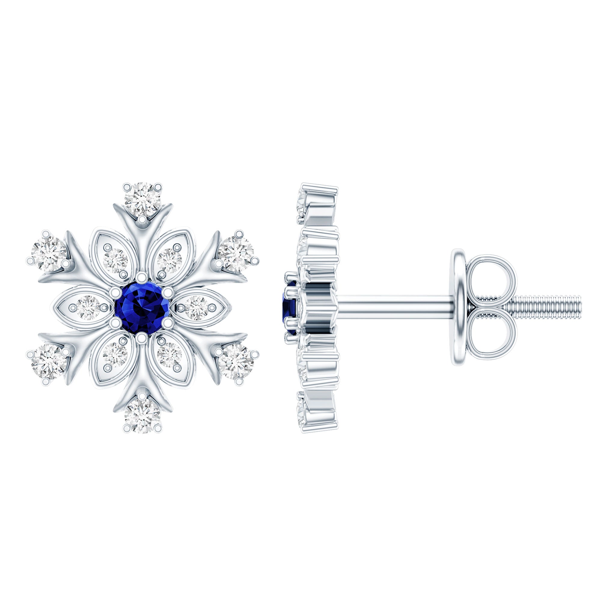 Created Blue Sapphire Snowflake Stud Earrings with Moissanite AAAA - Rosec Jewels