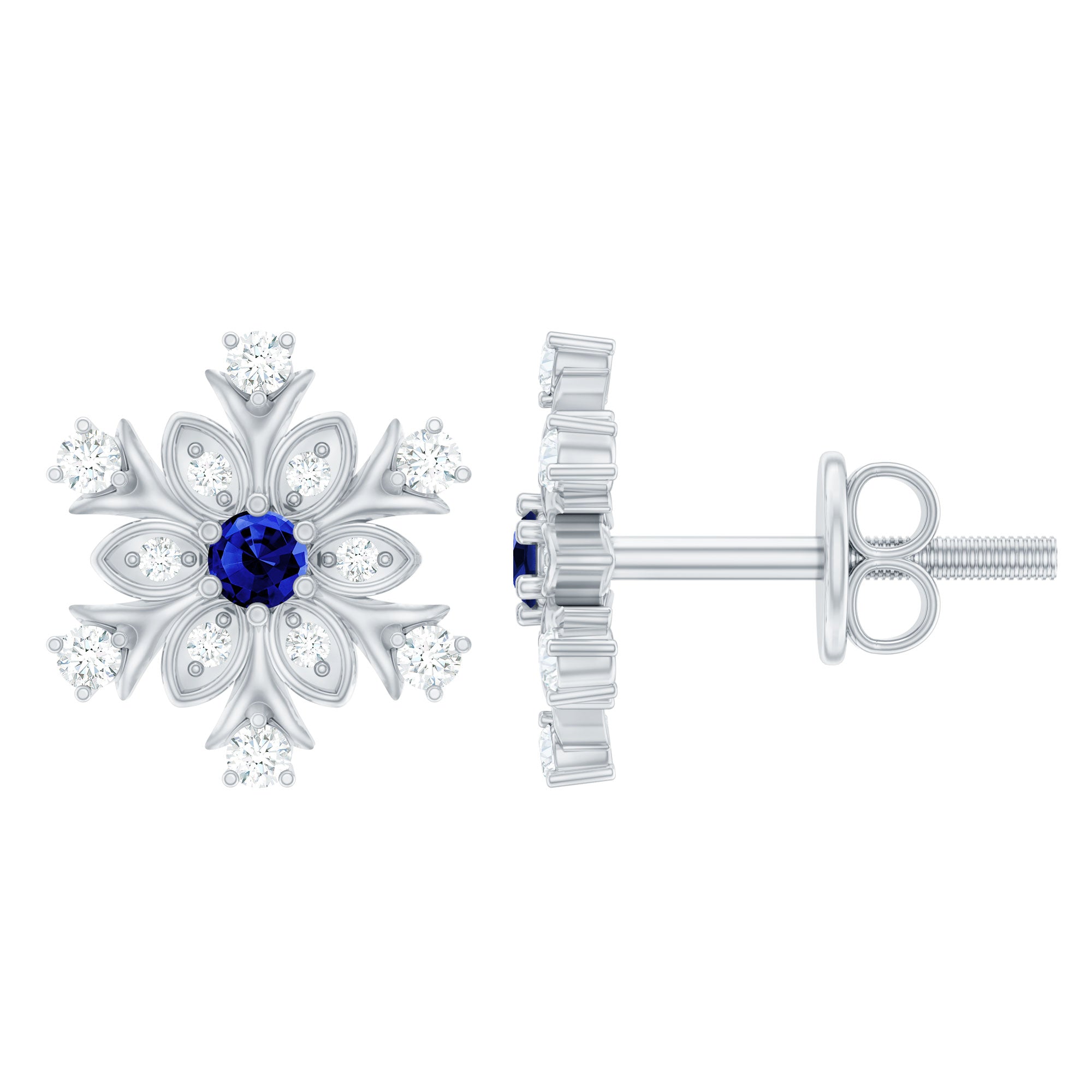 Created Blue Sapphire Snowflake Stud Earrings with Moissanite