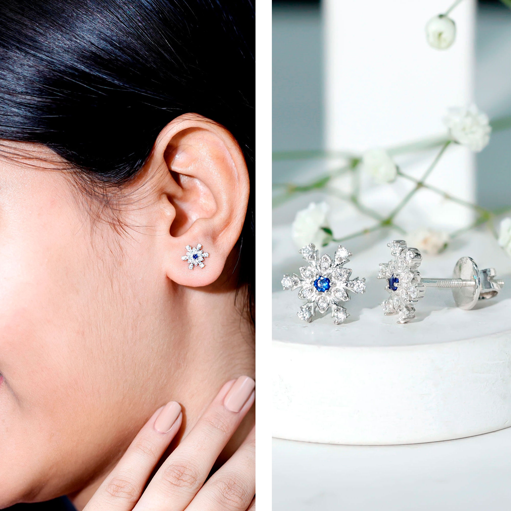 Created Blue Sapphire Snowflake Stud Earrings with Moissanite AAAA - Rosec Jewels