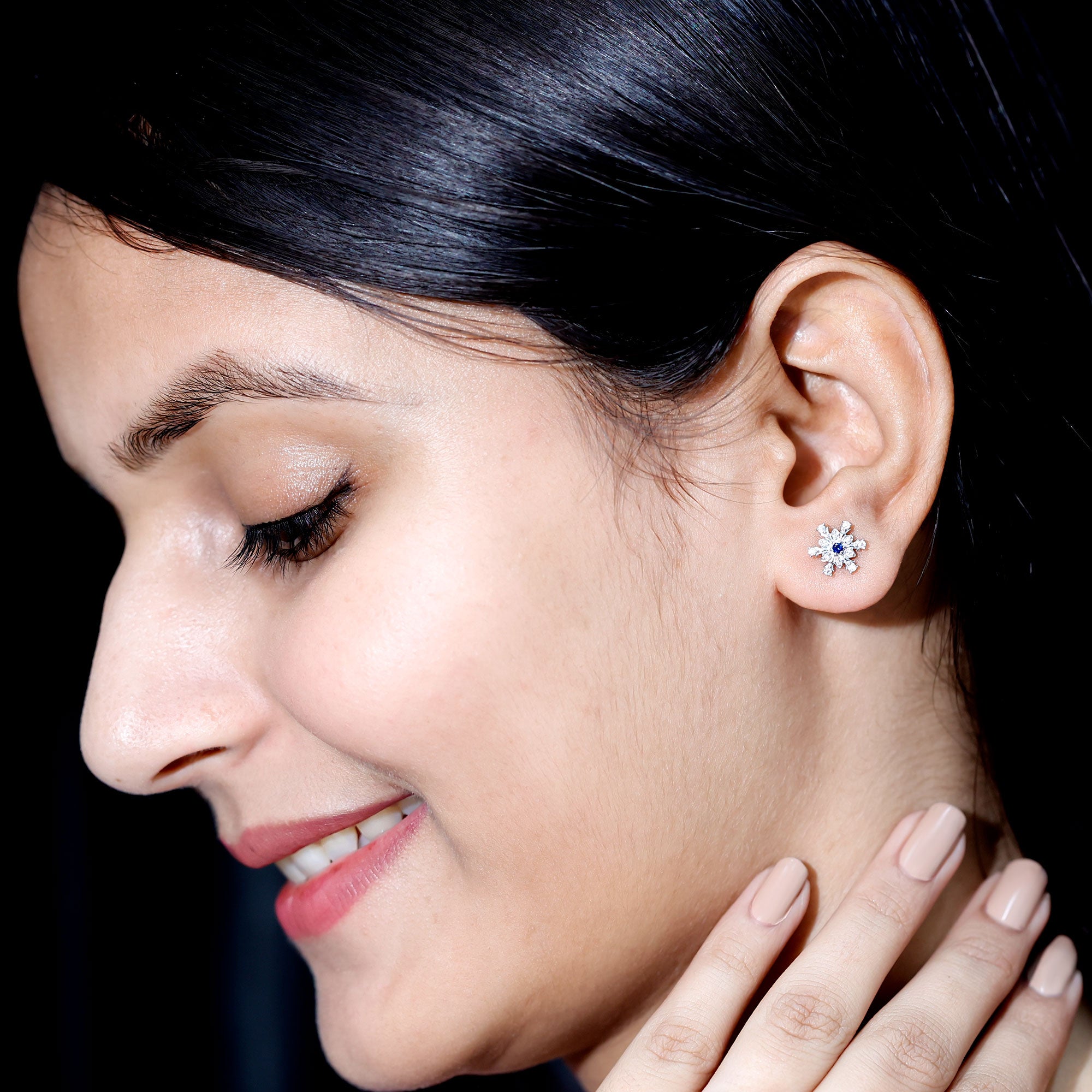 Created Blue Sapphire Snowflake Stud Earrings with Moissanite AAAA - Rosec Jewels