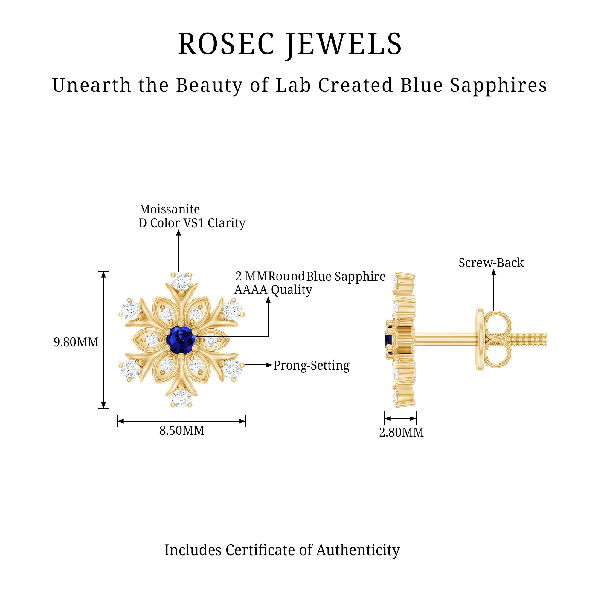 Created Blue Sapphire Snowflake Stud Earrings with Moissanite AAAA - Rosec Jewels