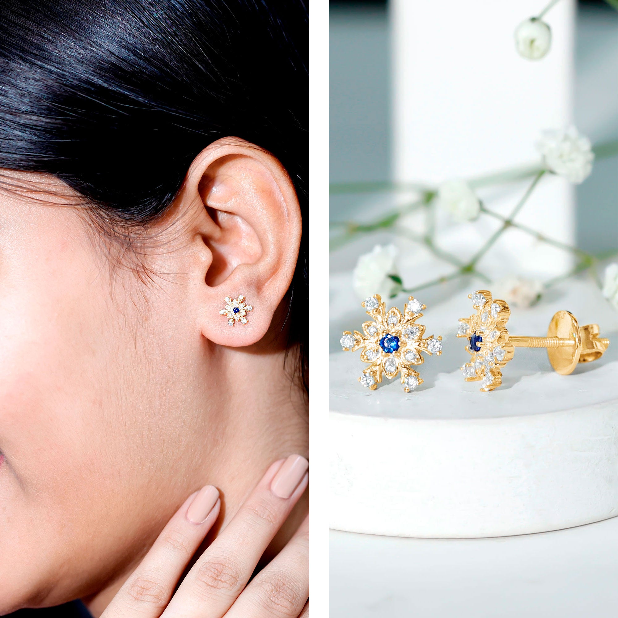 Created Blue Sapphire Snowflake Stud Earrings with Moissanite AAAA - Rosec Jewels