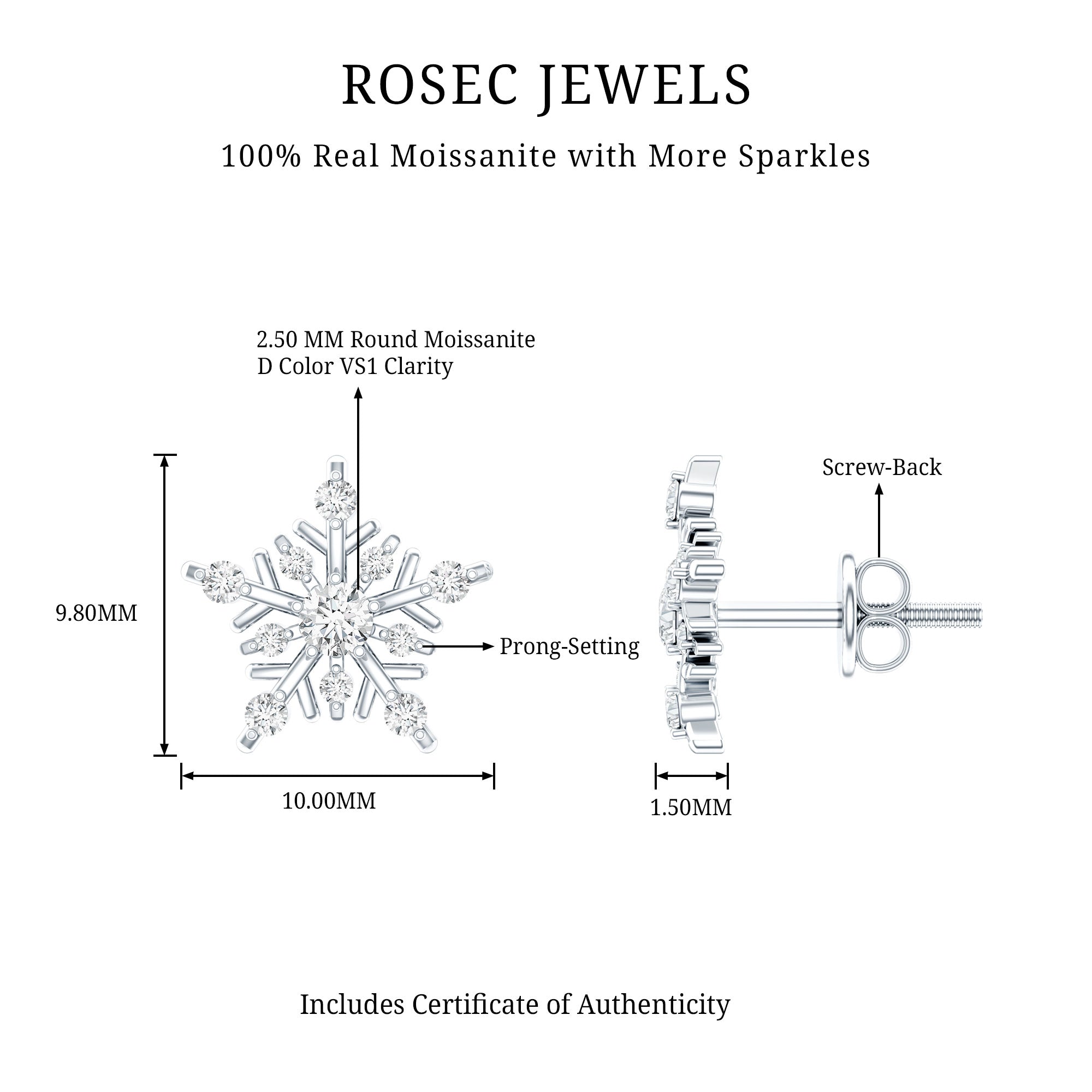 Certified Moissanite Snowflake Stud Earrings for Women D-VS1 - Rosec Jewels