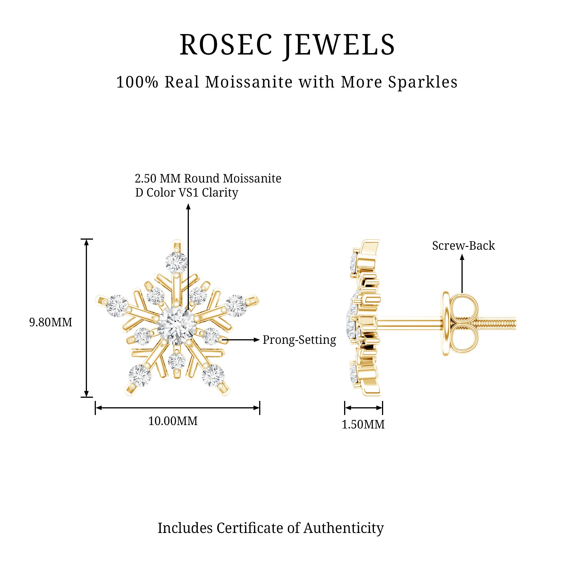 Certified Moissanite Snowflake Stud Earrings for Women D-VS1 - Rosec Jewels