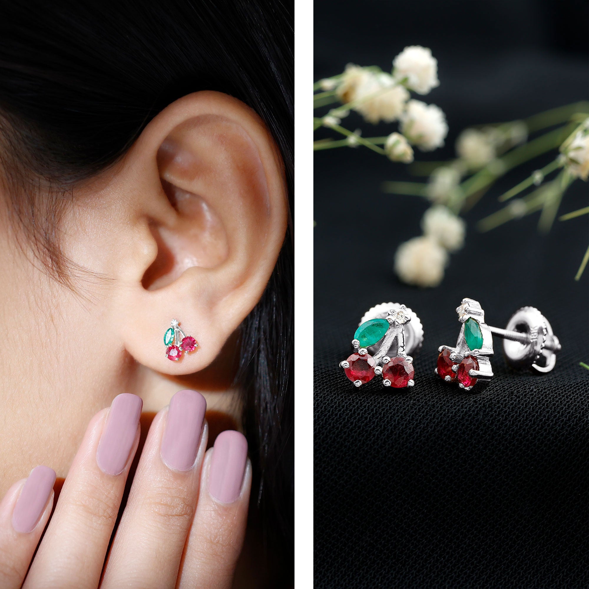 Natural Ruby and Emerald Cherry Earrings with Certificate AAA - Rosec Jewels