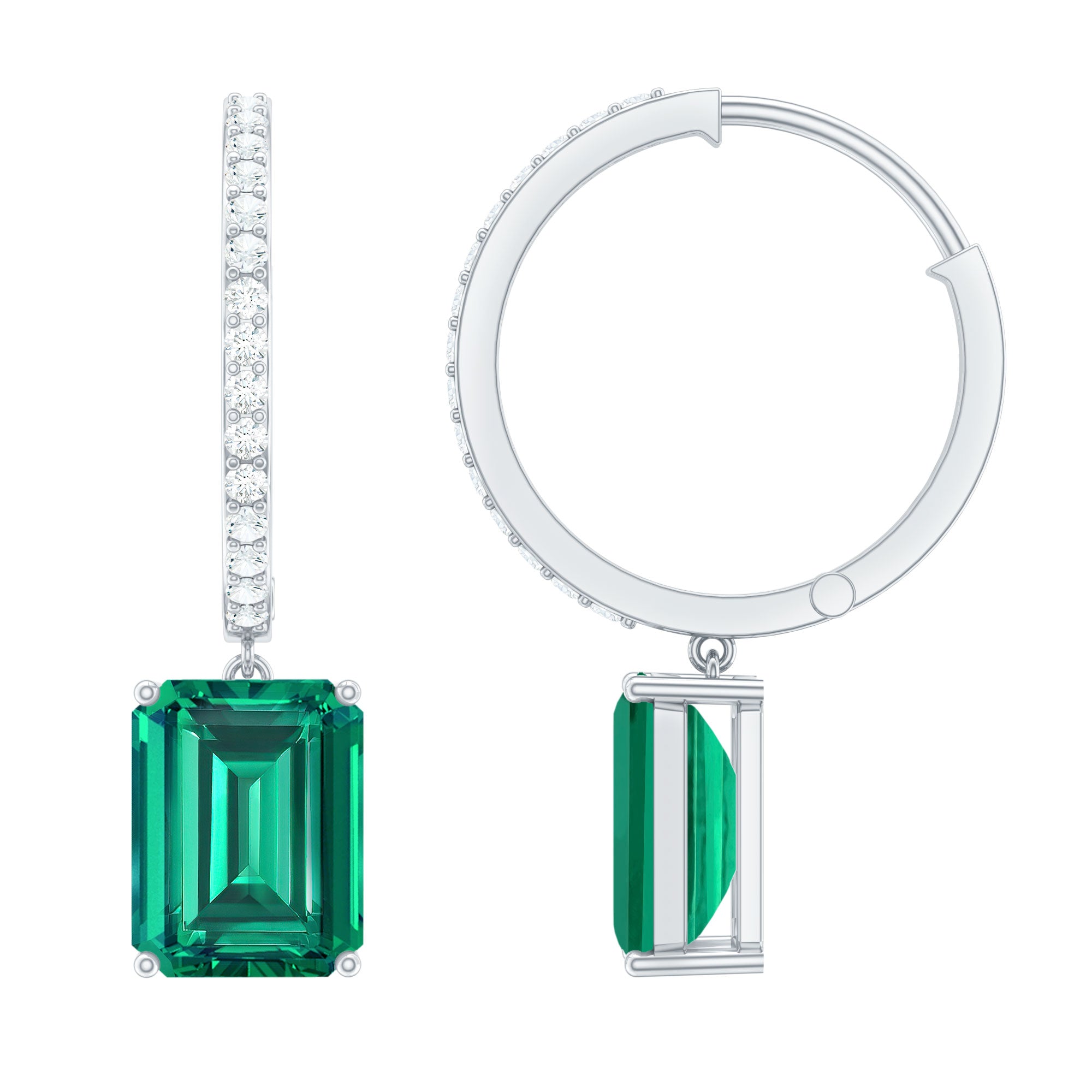 5 CT Lab Grown Emerald Hoop Dangle Earrings with Diamond