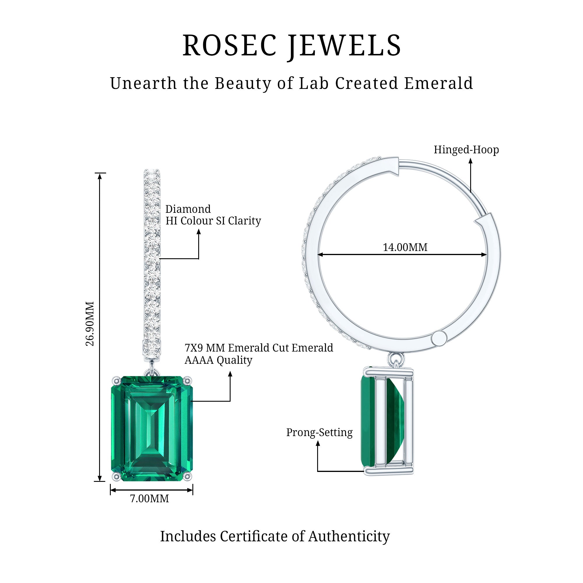 5 CT Lab Grown Emerald Hoop Dangle Earrings with Diamond AAAA - Rosec Jewels