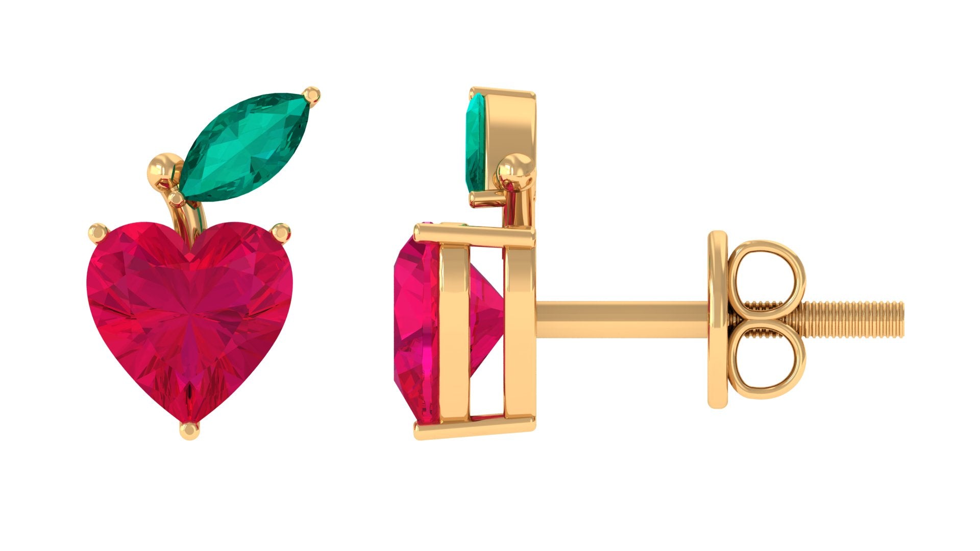 Heart Shape Ruby Strawberry Stud Earrings with Emerald AAA - Rosec Jewels