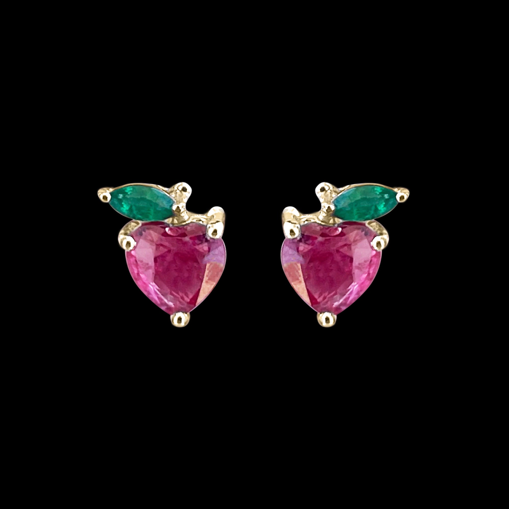 Heart Shape Ruby Strawberry Stud Earrings with Emerald AAA - Rosec Jewels