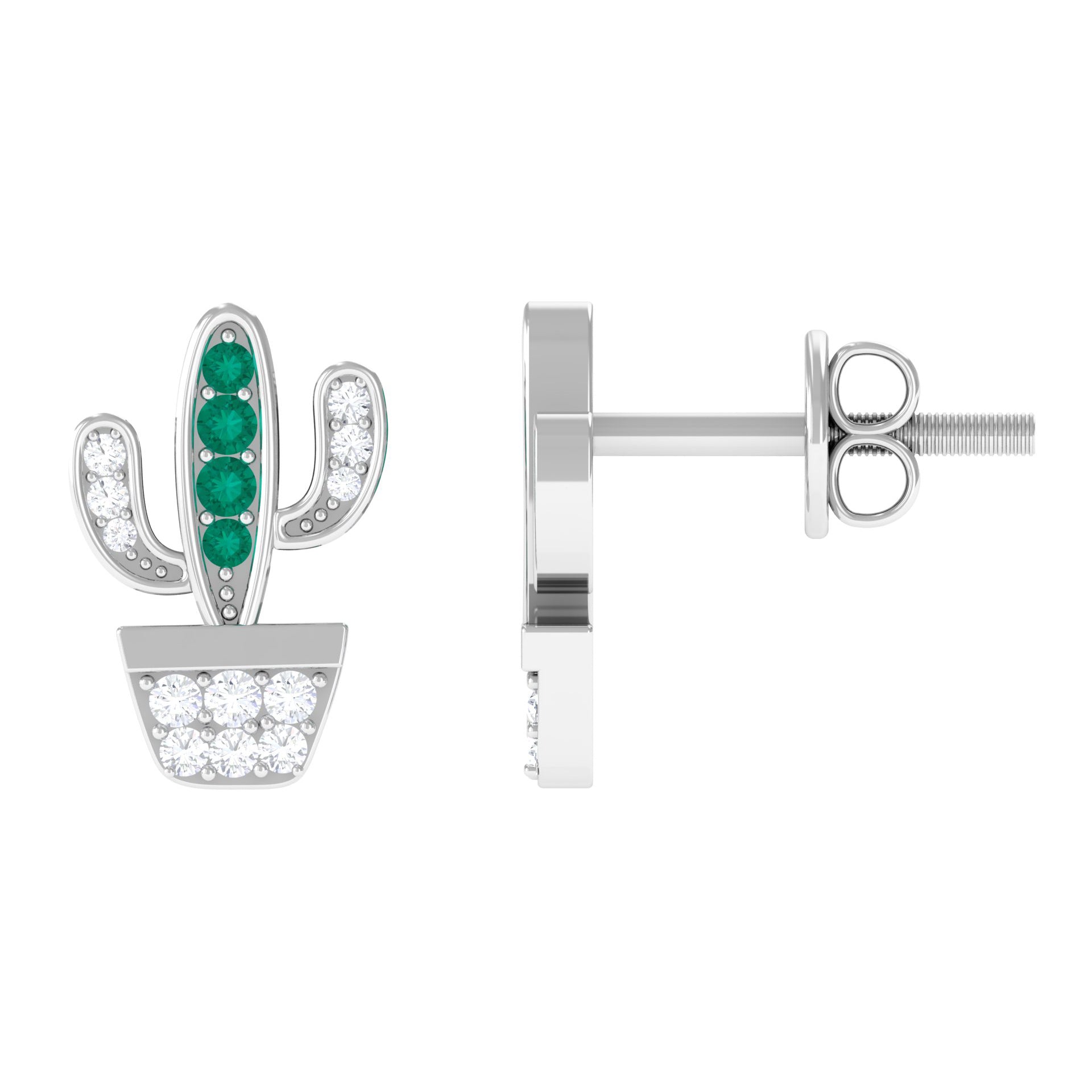 Cactus Stud Earrings with Emerald and Diamond Stones