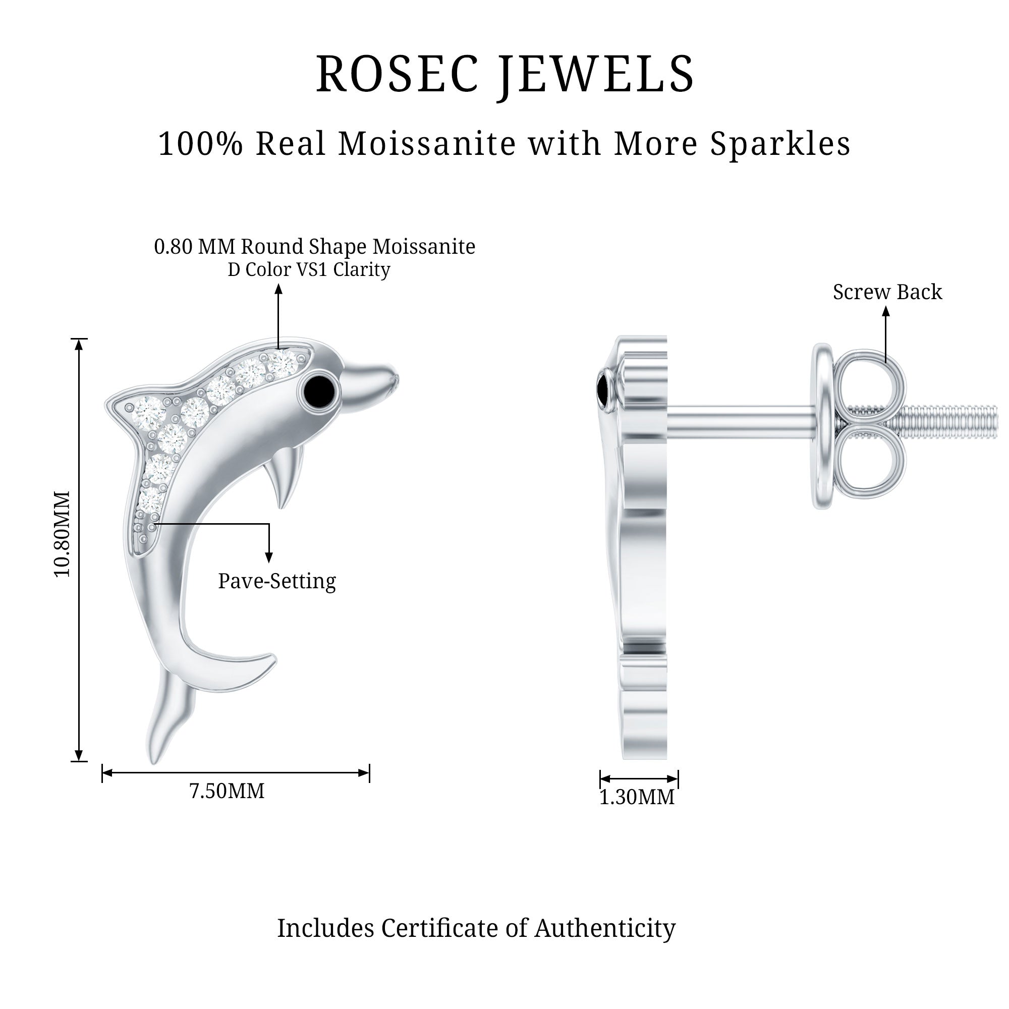 Cute Dolphin Stud Earrings with Moissanite D-VS1 - Rosec Jewels