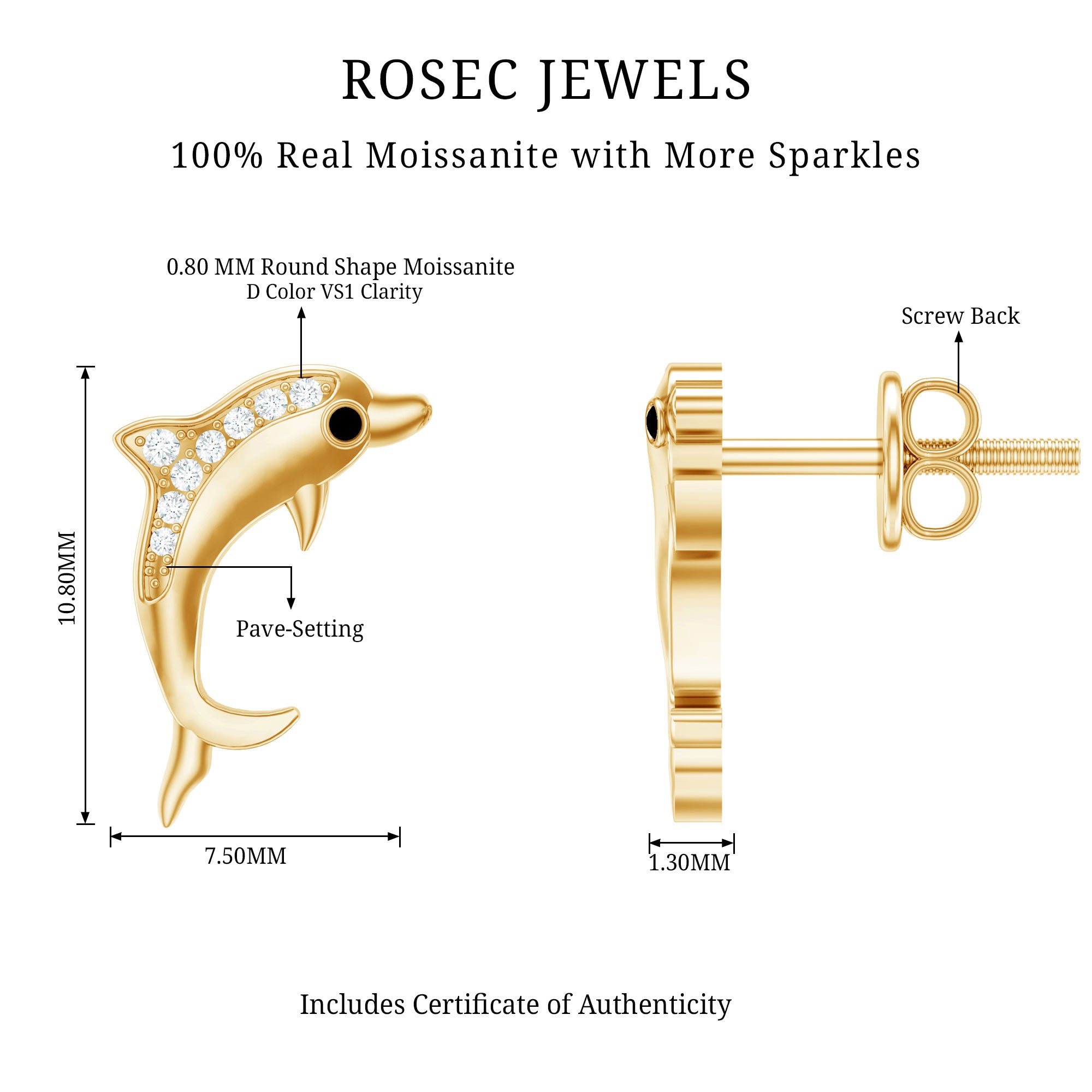 Cute Dolphin Stud Earrings with Moissanite D-VS1 - Rosec Jewels