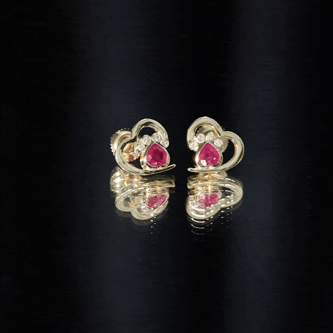 Cute Heart Paw Stud Earrings with Ruby and Diamond AAA - Rosec Jewels