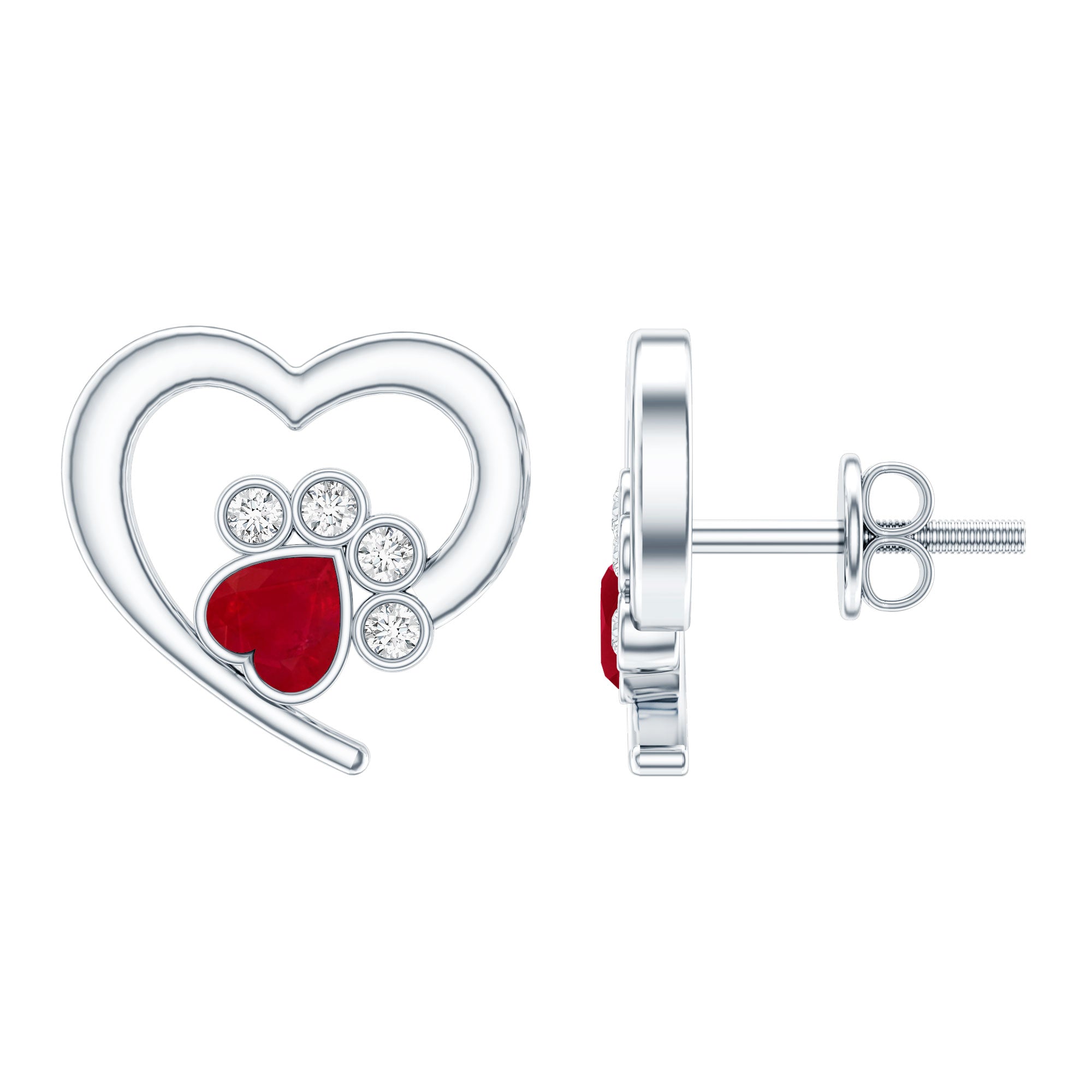 Cute Heart Paw Stud Earrings with Ruby and Diamond AAA - Rosec Jewels
