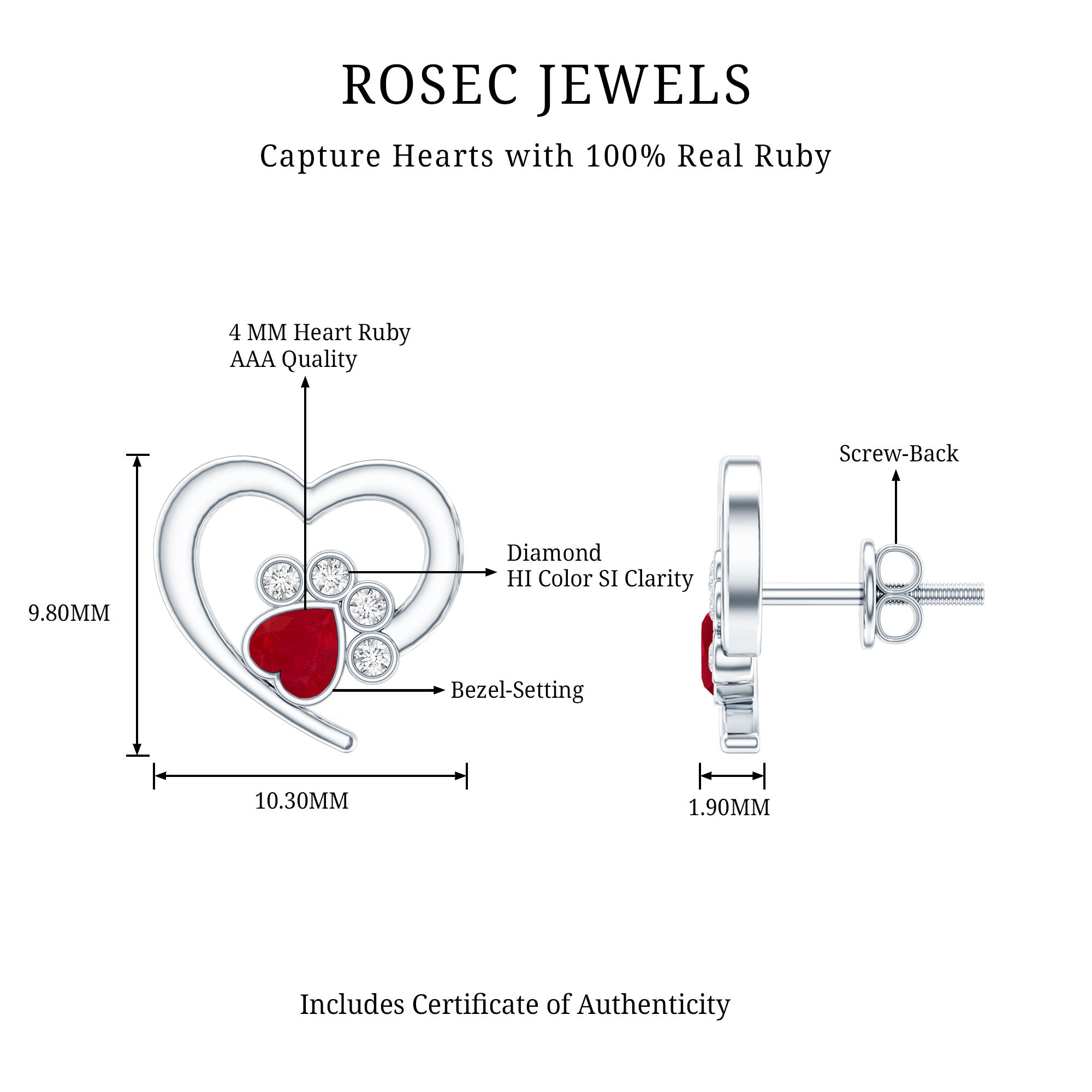 Cute Heart Paw Stud Earrings with Ruby and Diamond AAA - Rosec Jewels