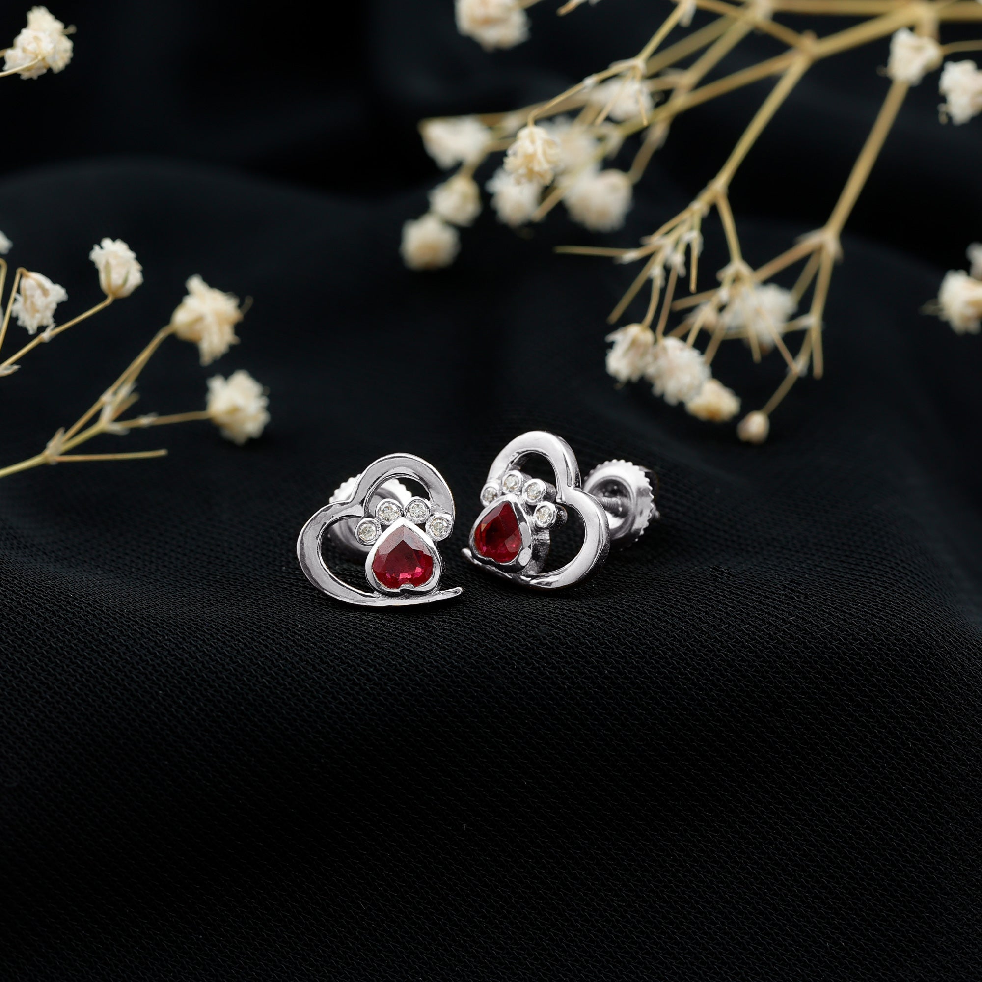 Cute Heart Paw Stud Earrings with Ruby and Diamond AAA - Rosec Jewels