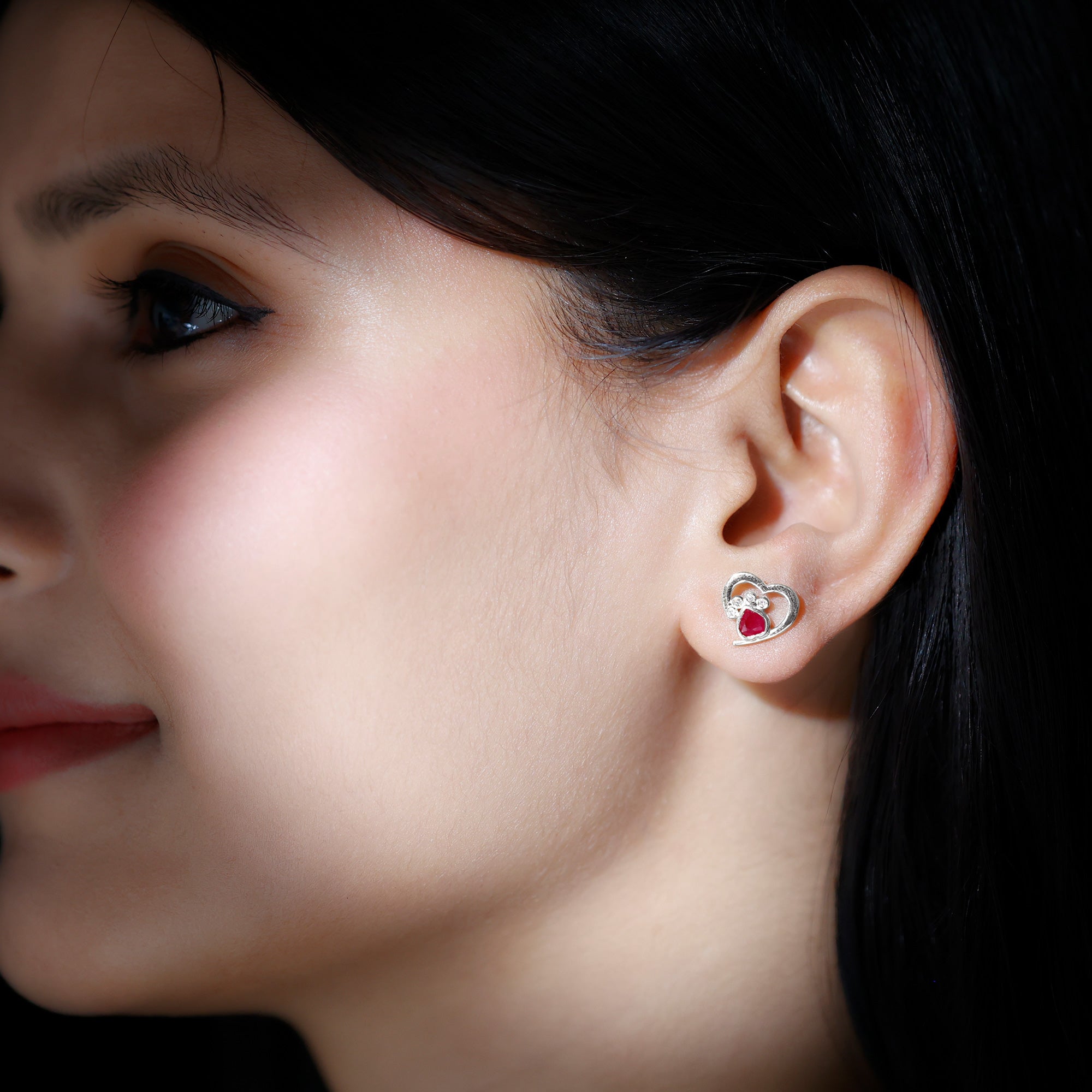 Cute Heart Paw Stud Earrings with Ruby and Diamond AAA - Rosec Jewels