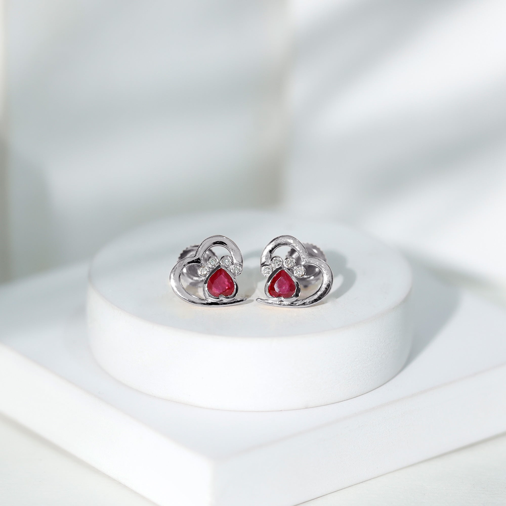 Cute Heart Paw Stud Earrings with Ruby and Diamond AAA - Rosec Jewels