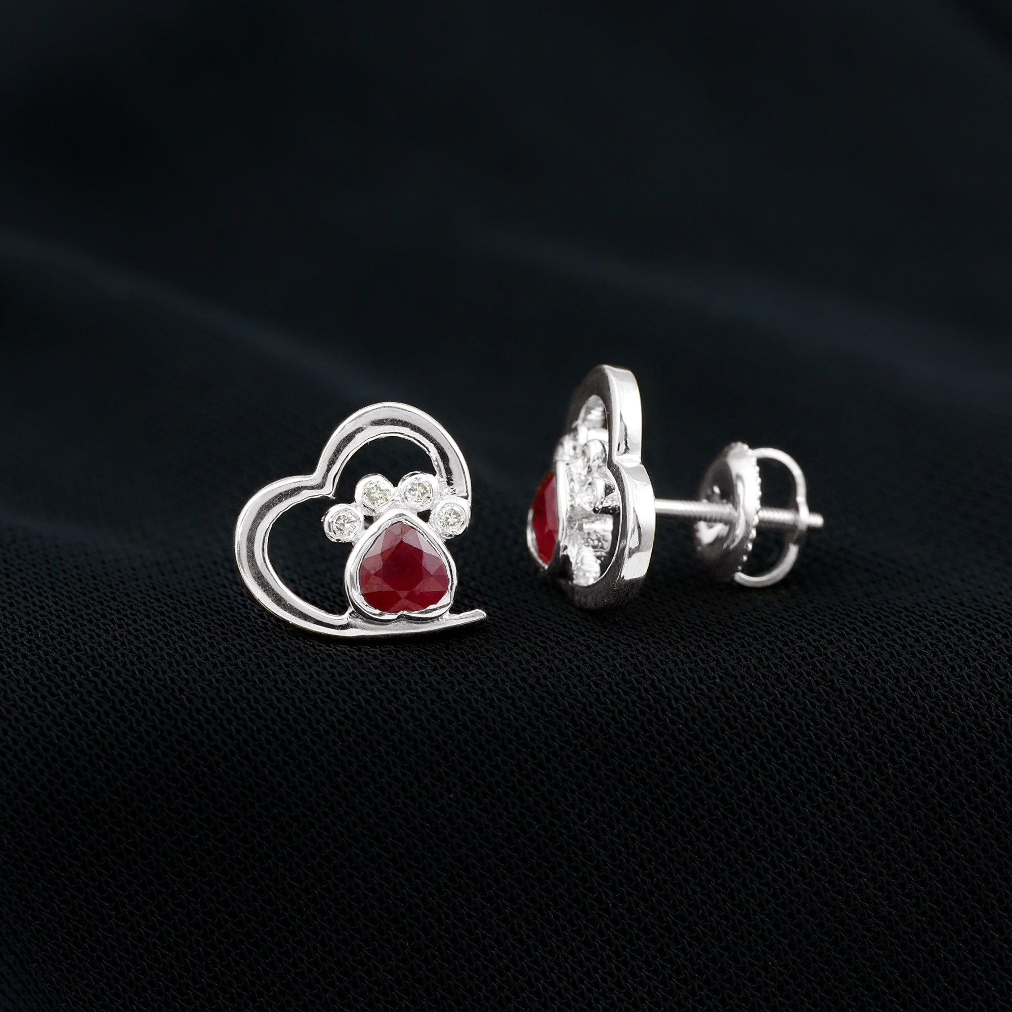Cute Heart Paw Stud Earrings with Ruby and Diamond AAA - Rosec Jewels