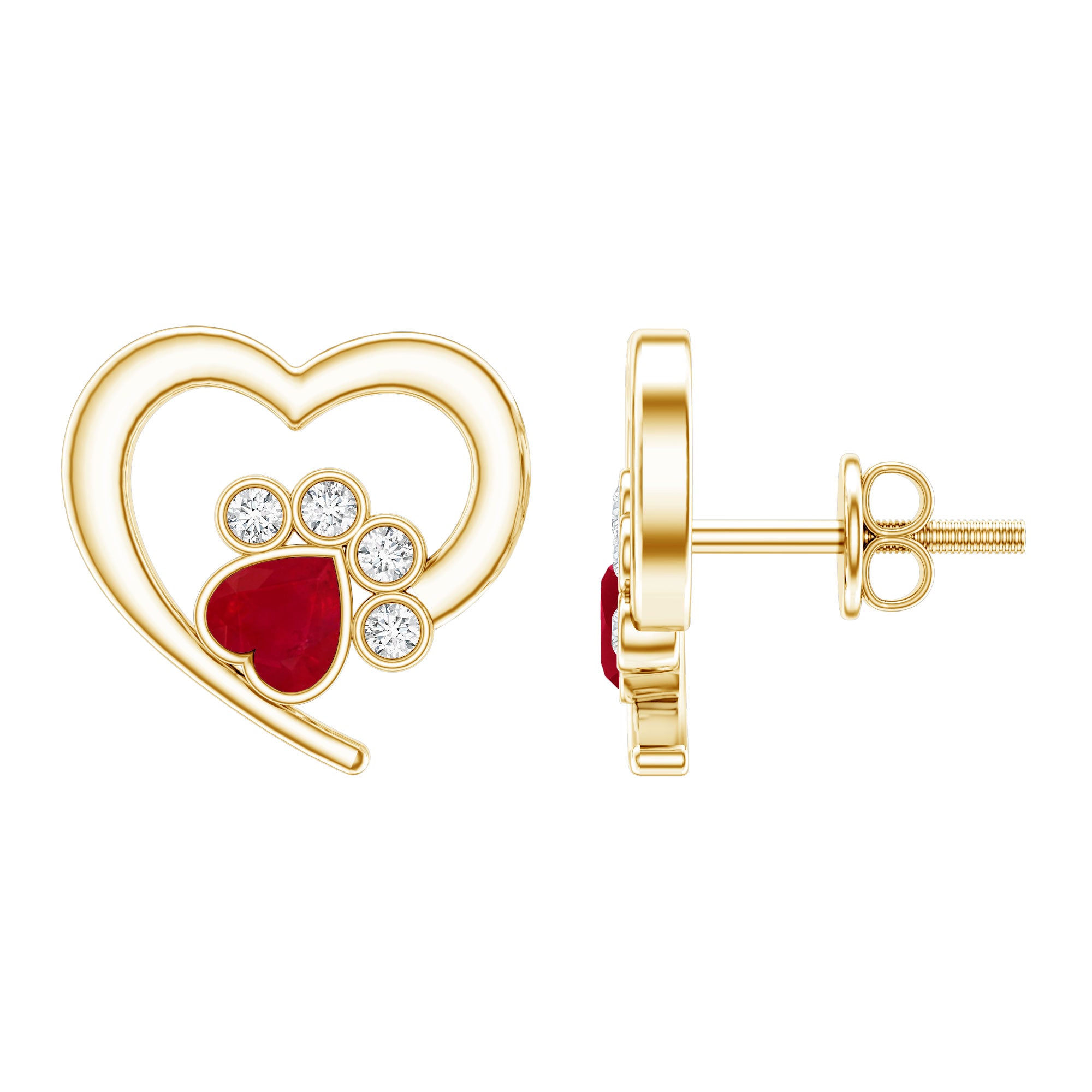 Cute Heart Paw Stud Earrings with Ruby and Diamond AAA - Rosec Jewels