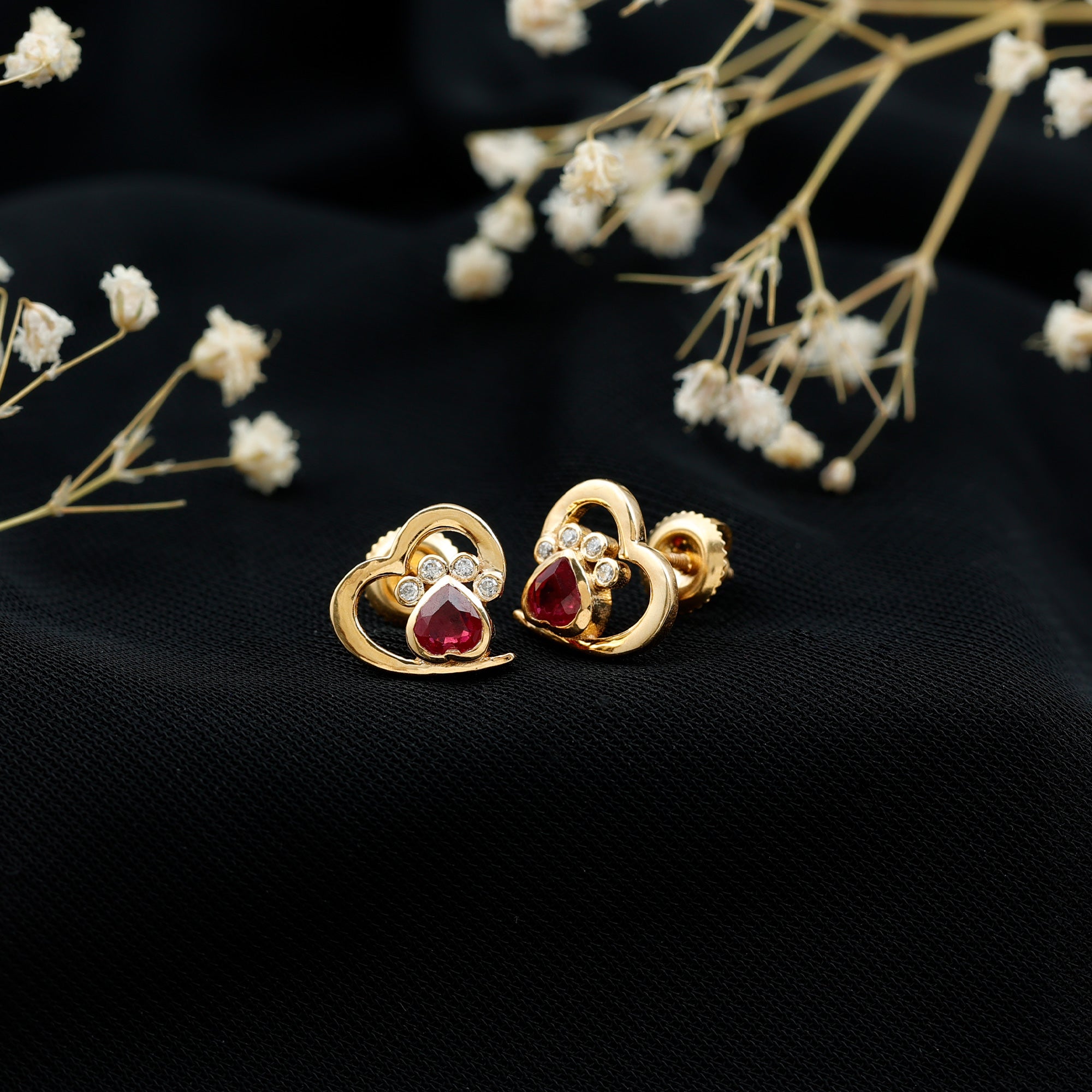 Cute Heart Paw Stud Earrings with Ruby and Diamond AAA - Rosec Jewels