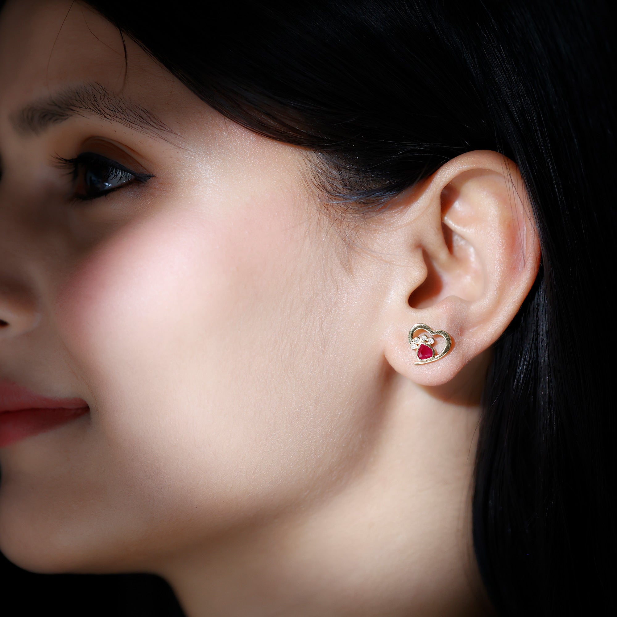 Cute Heart Paw Stud Earrings with Ruby and Diamond AAA - Rosec Jewels