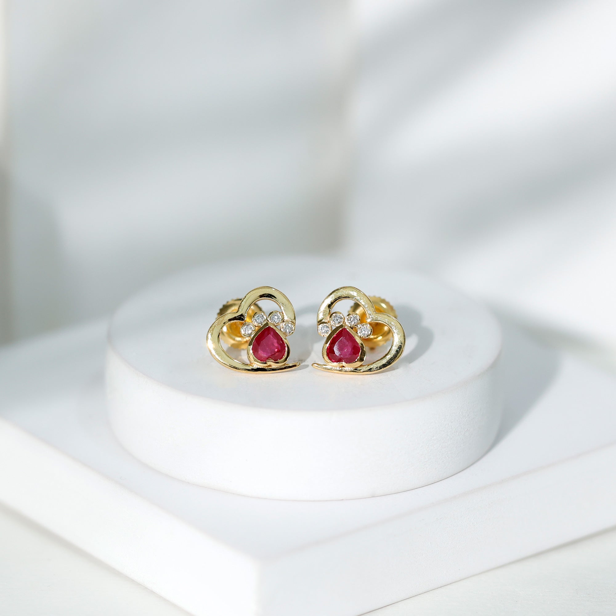 Cute Heart Paw Stud Earrings with Ruby and Diamond AAA - Rosec Jewels