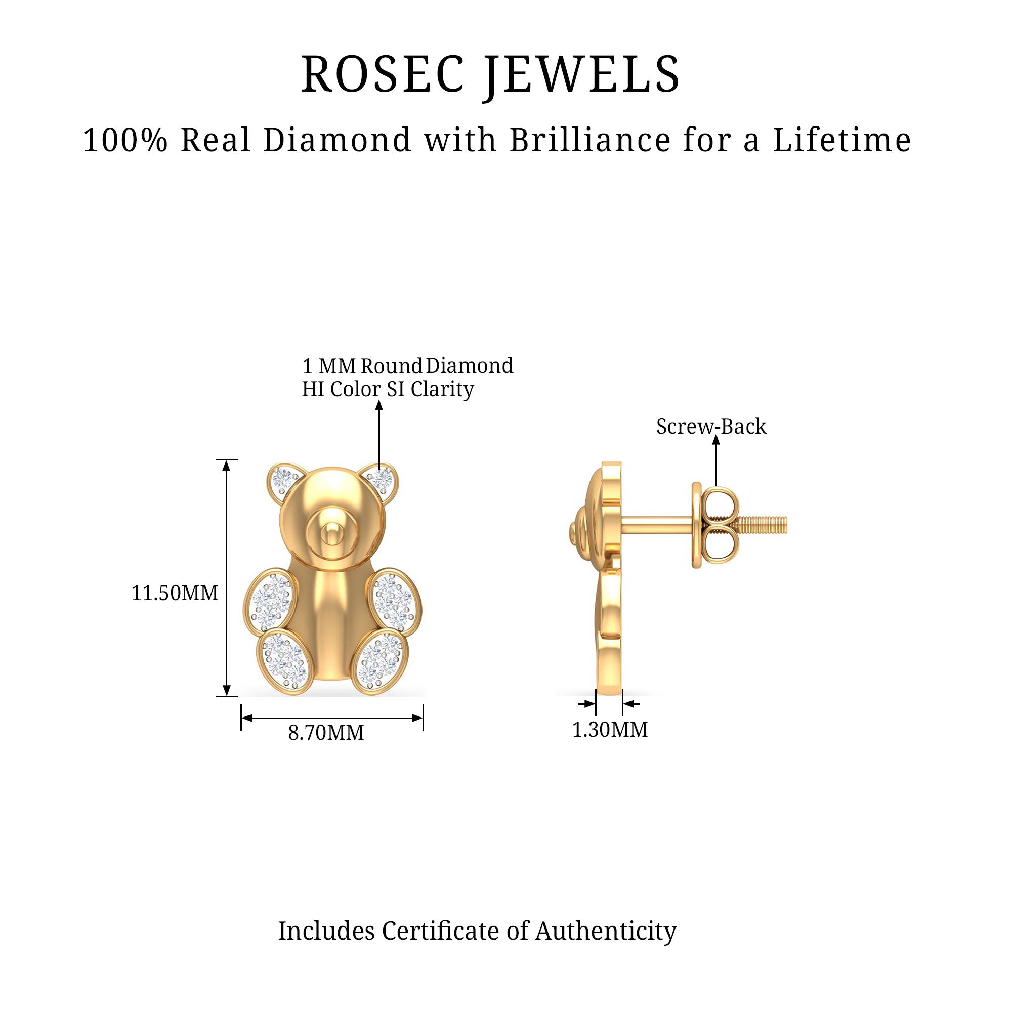 Teddy Bear Stud Earrings for Women with Diamonds Natural - ( HI-SI ) - Rosec Jewels