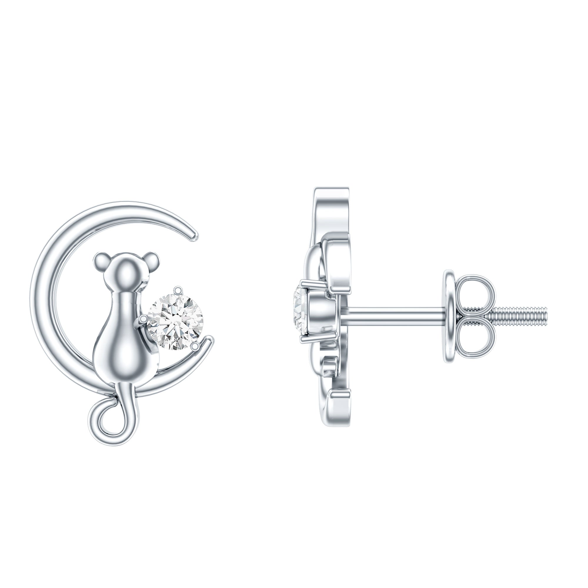 Diamond Cat Moon Stud Earrings for Women Natural - ( HI-SI ) - Rosec Jewels