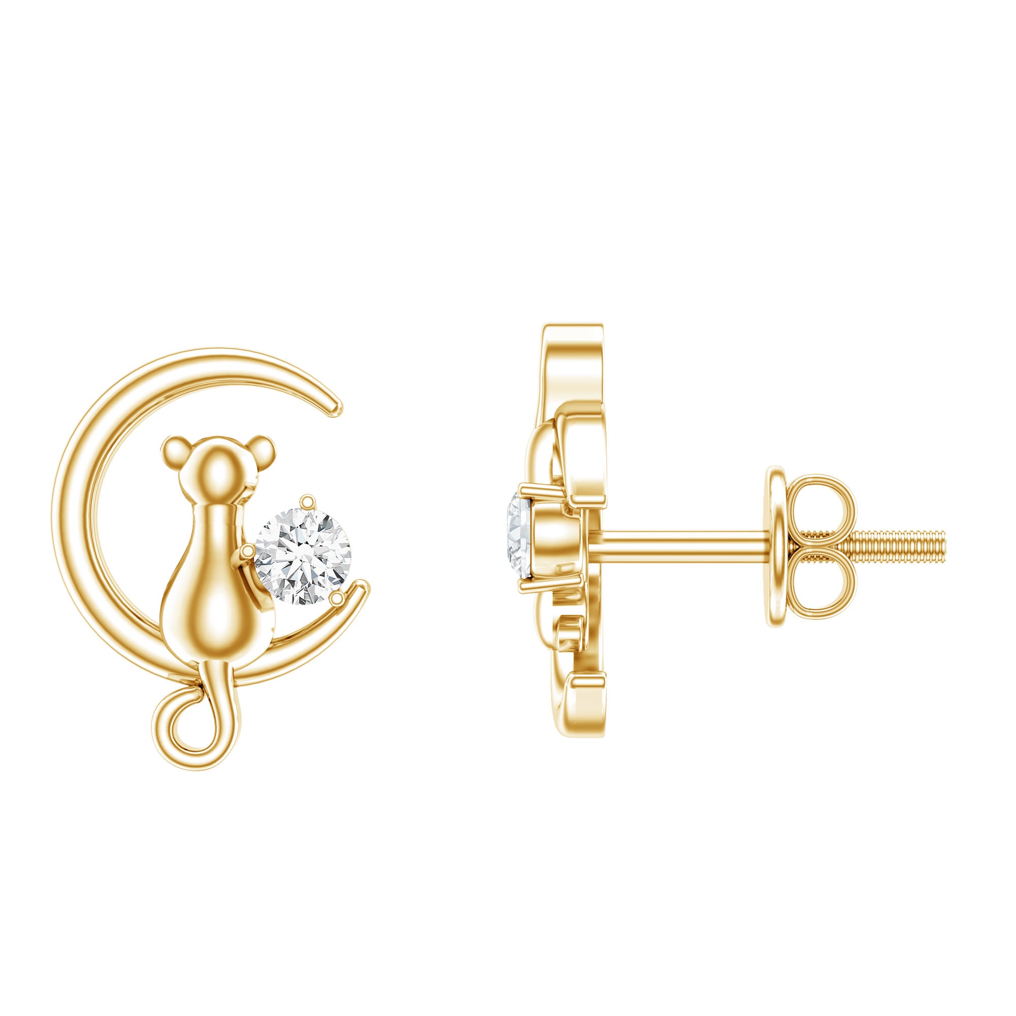 Diamond Cat Moon Stud Earrings for Women Natural - ( HI-SI ) - Rosec Jewels