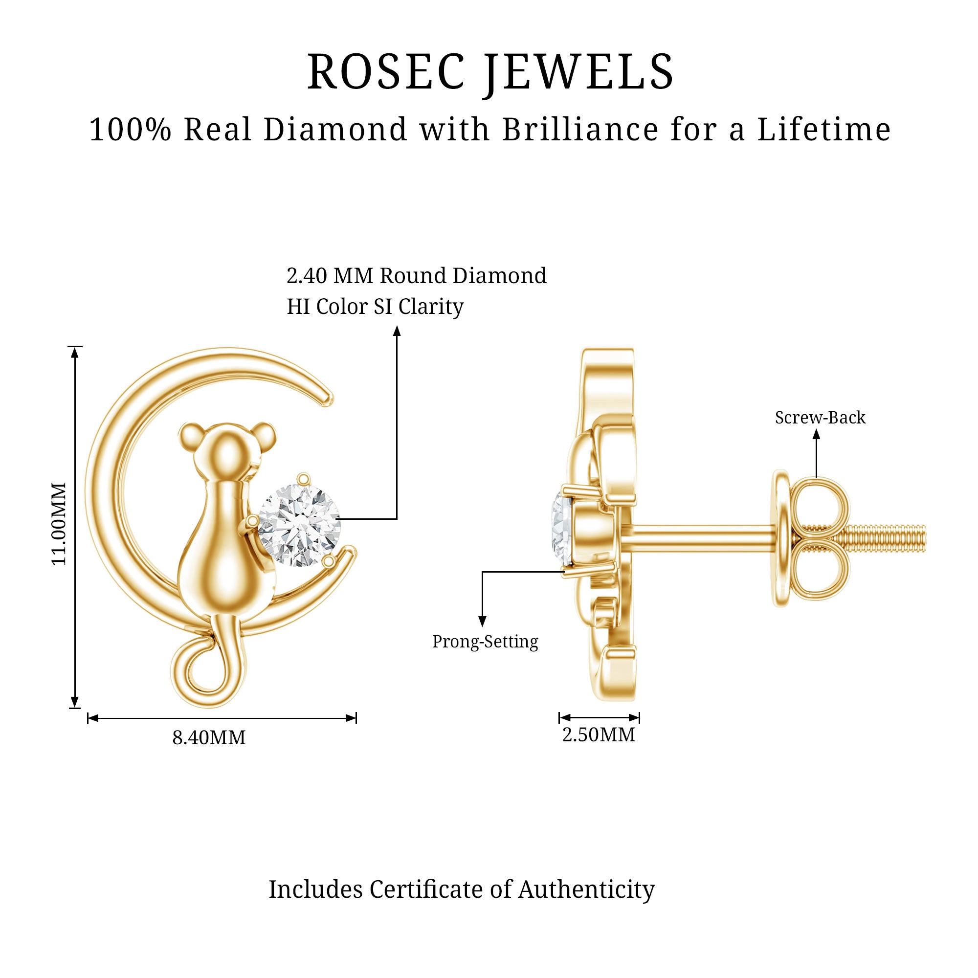Diamond Cat Moon Stud Earrings for Women Natural - ( HI-SI ) - Rosec Jewels