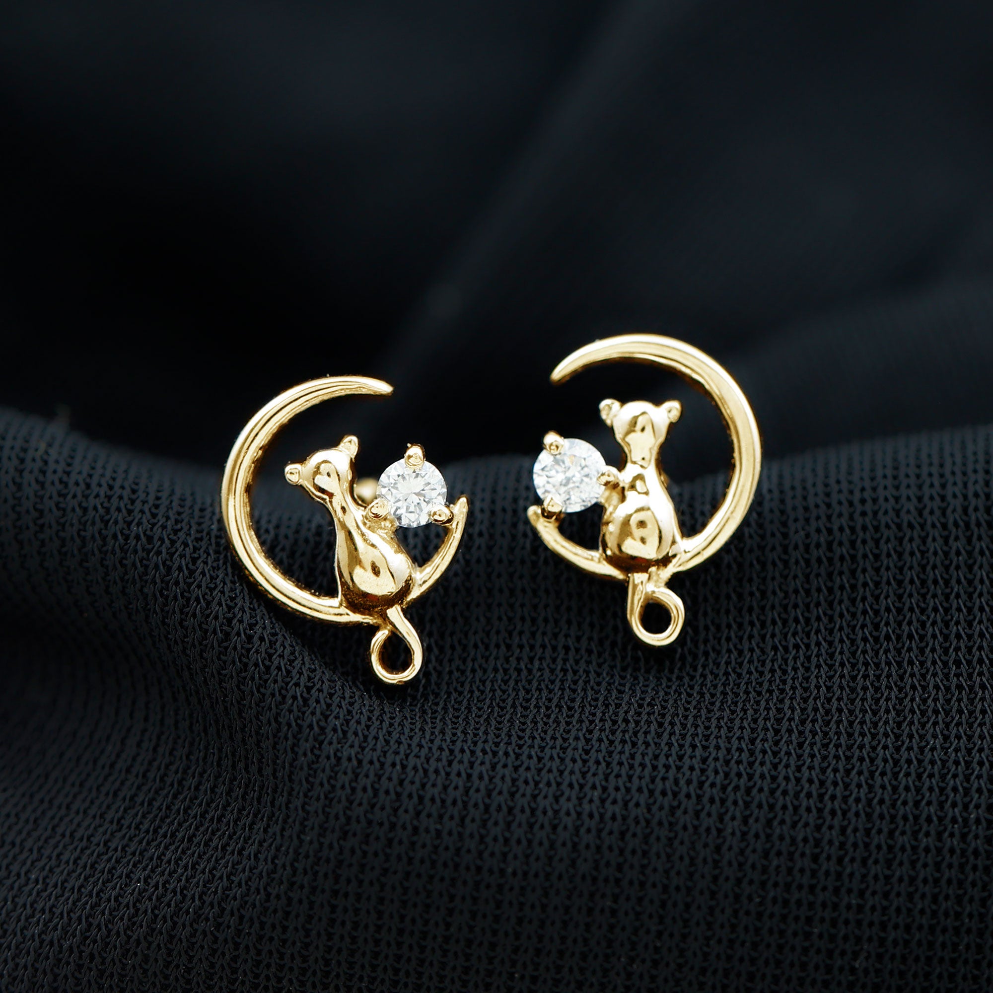 Rosec Jewels-Cat Moon Stud Earrings for Women with Diamond
