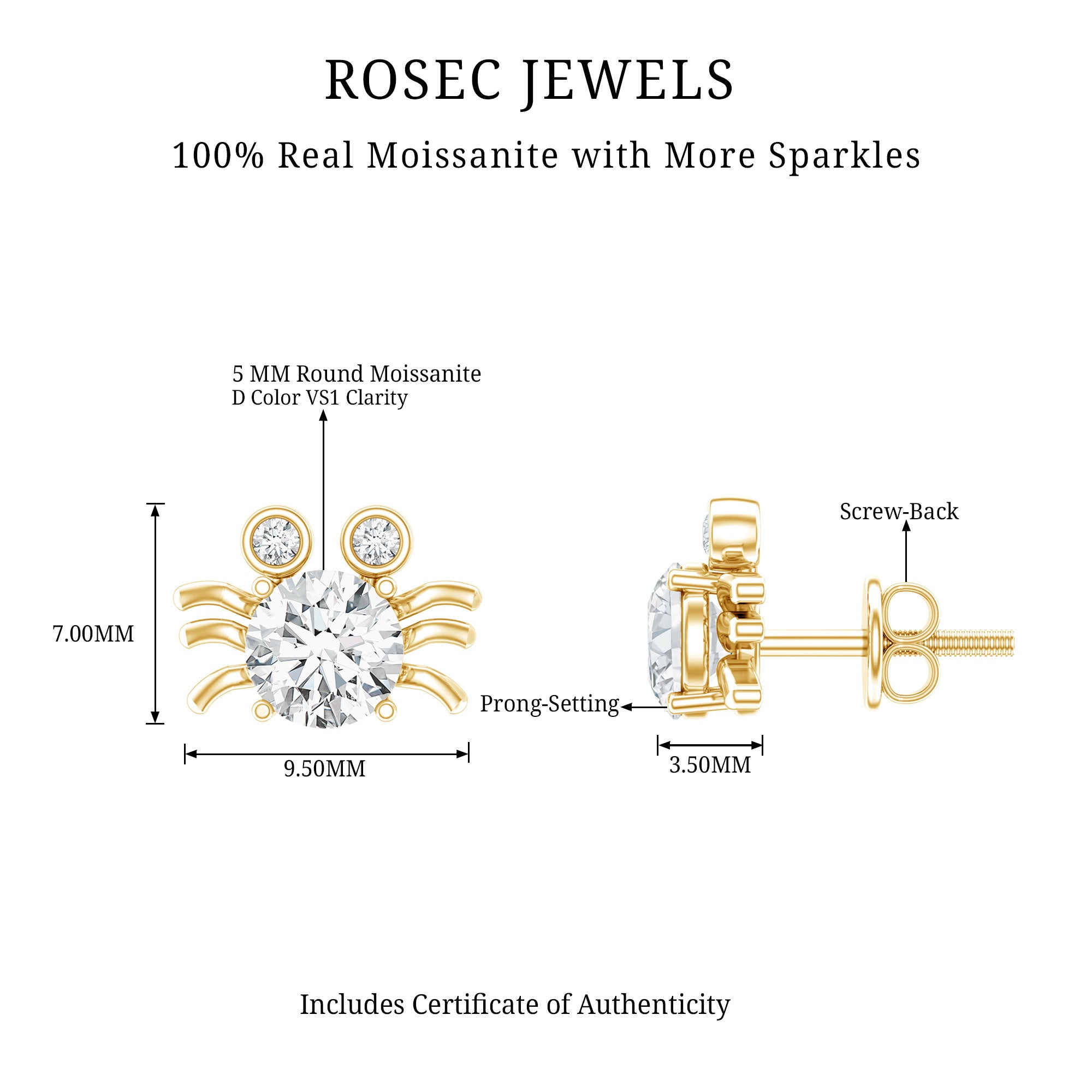 1 CT Moissanite Crab Stud Earrings with Certificate D-VS1 - Rosec Jewels