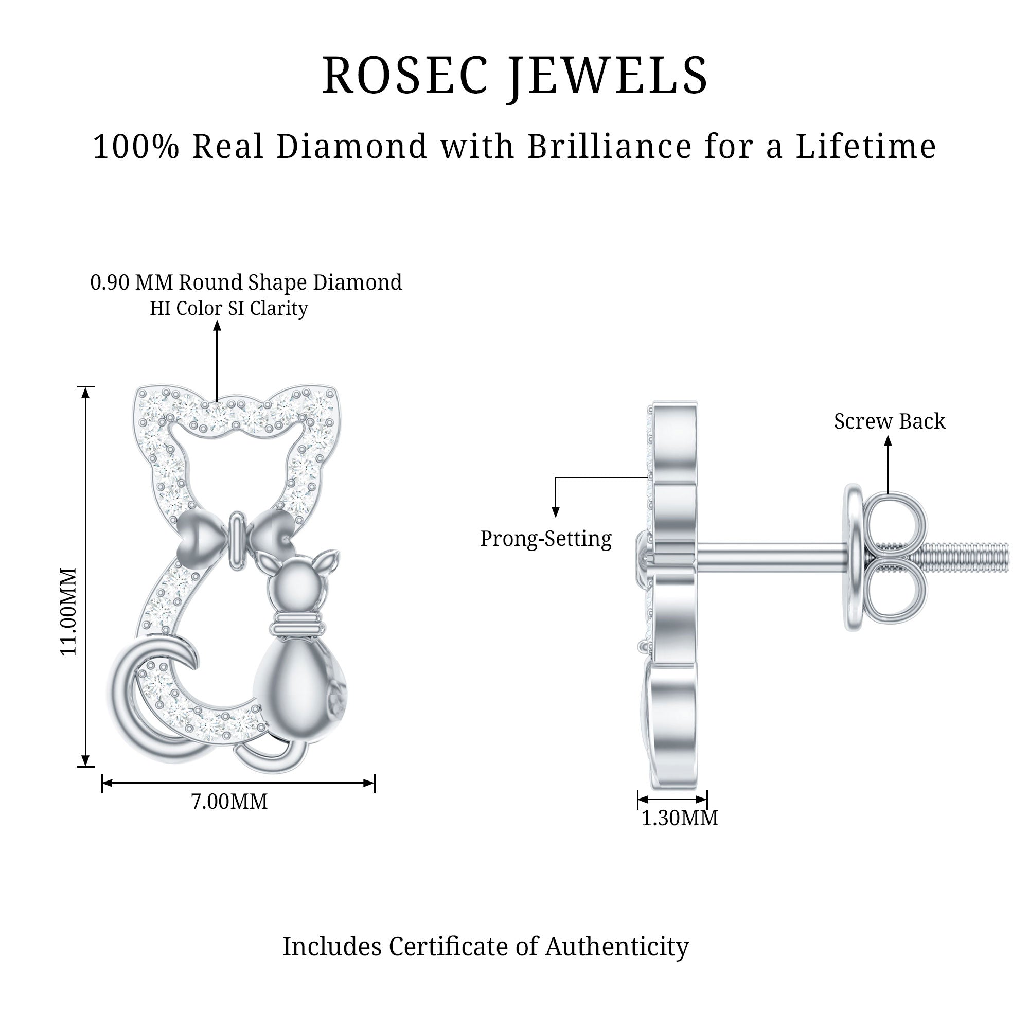Certified Diamond Cat Stud Earrings Natural - ( HI-SI ) - Rosec Jewels