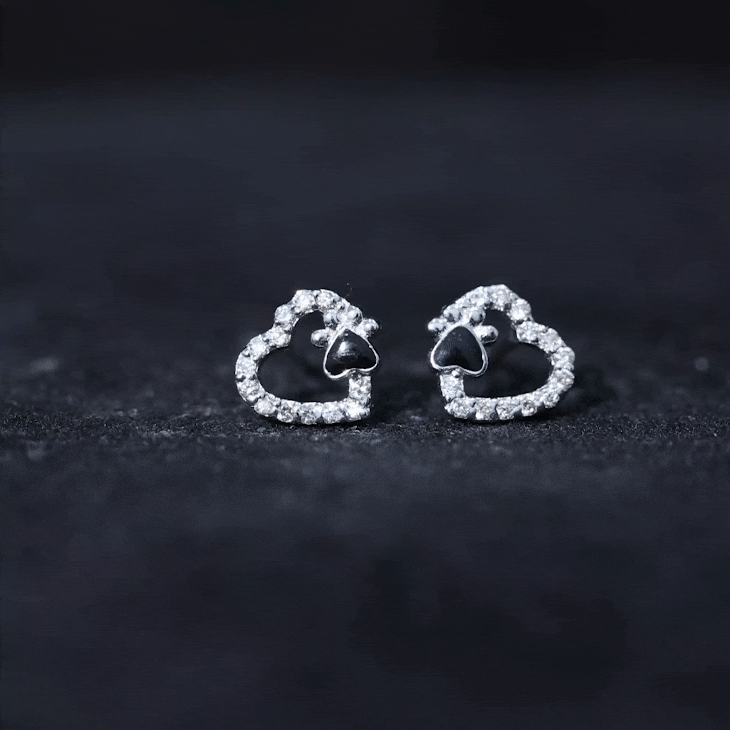 Moissanite Heart and Paw Stud Earrings with Enamel D-VS1 - Rosec Jewels