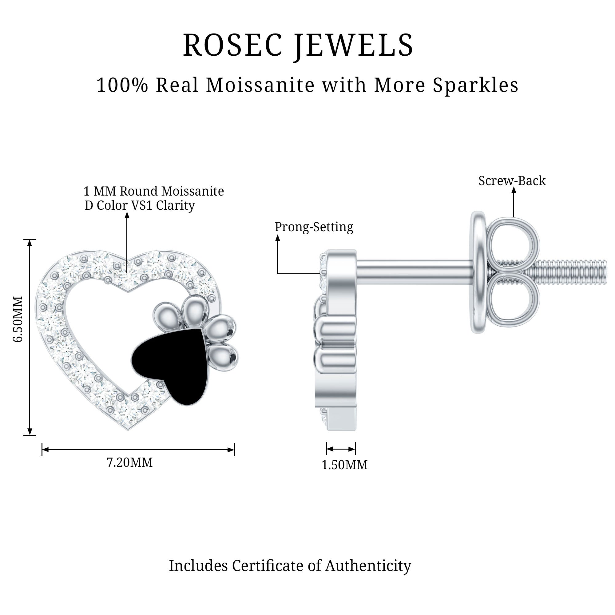 Moissanite Heart and Paw Stud Earrings with Enamel D-VS1 - Rosec Jewels