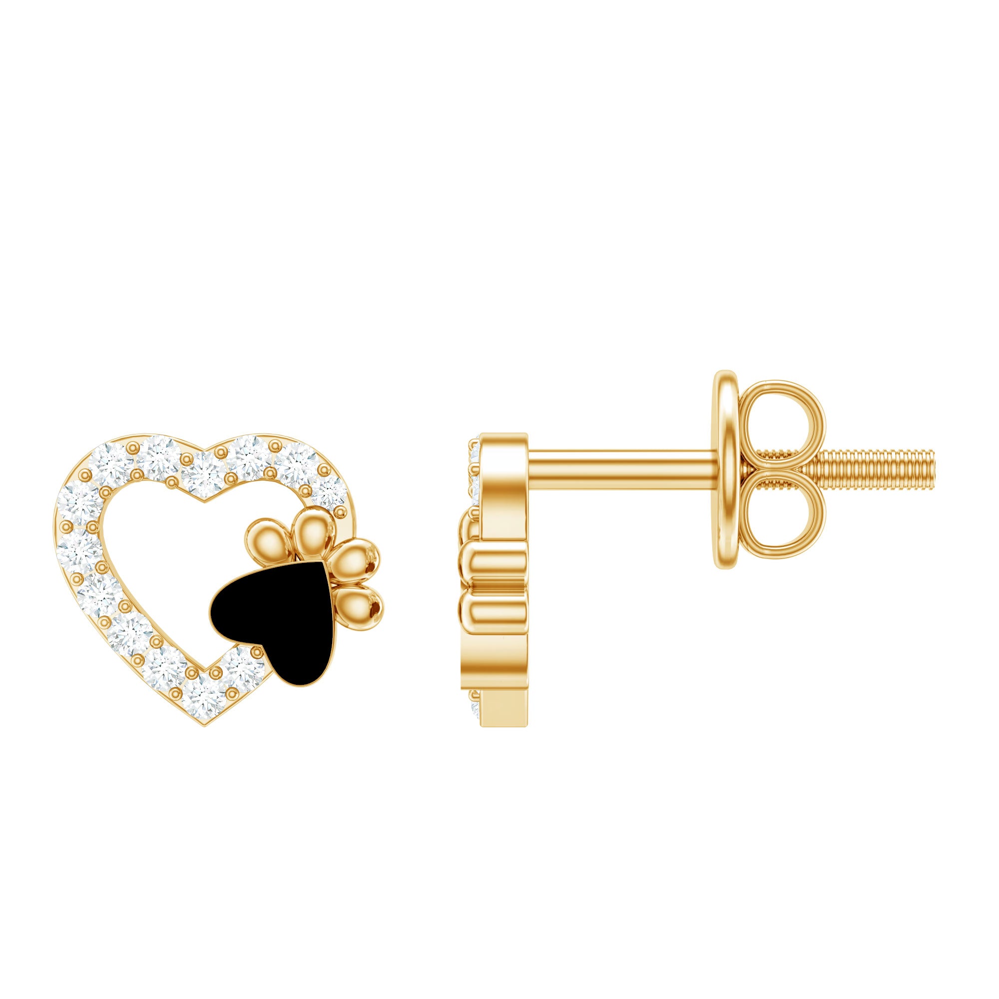 Moissanite Heart and Paw Stud Earrings with Enamel D-VS1 - Rosec Jewels