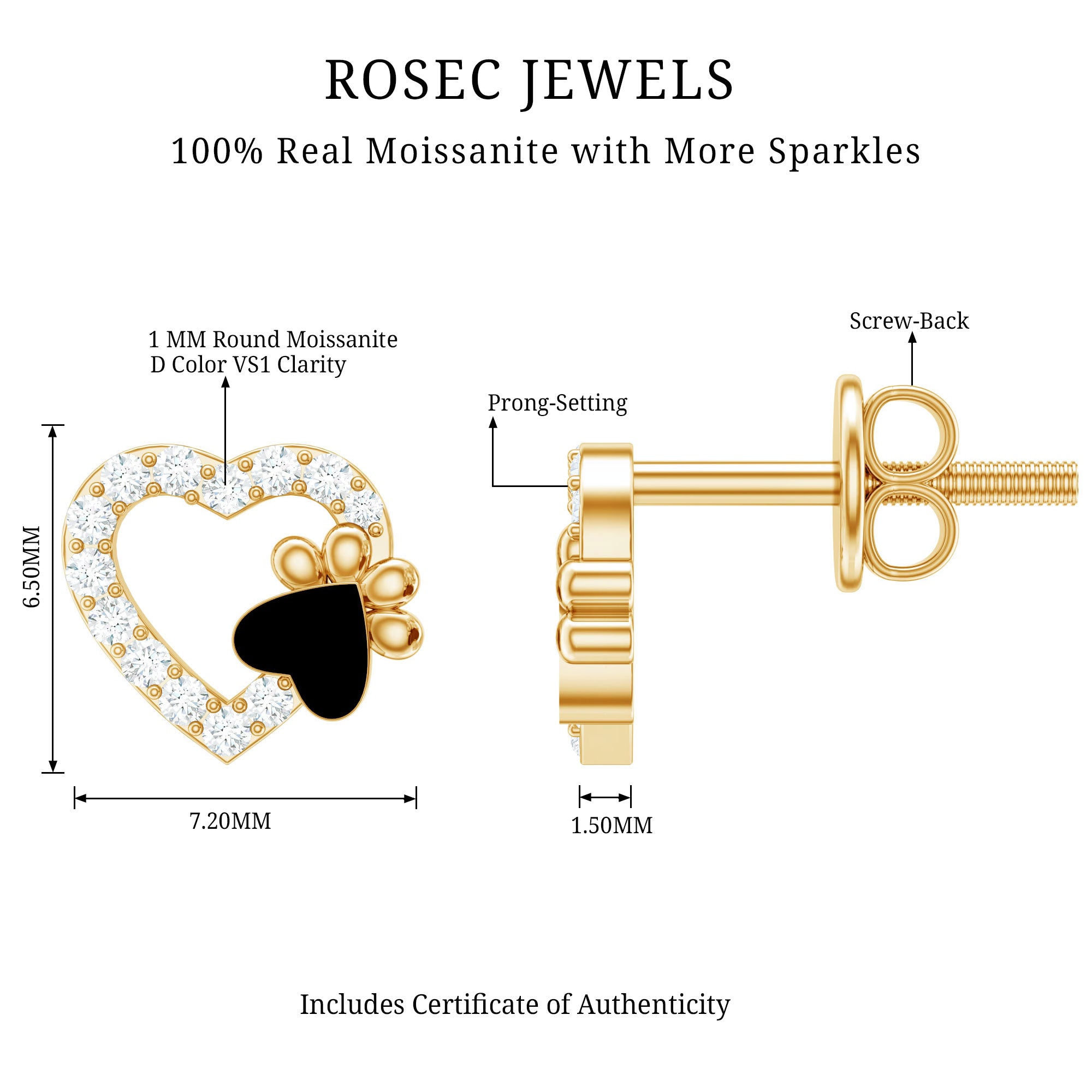 Moissanite Heart and Paw Stud Earrings with Enamel D-VS1 - Rosec Jewels