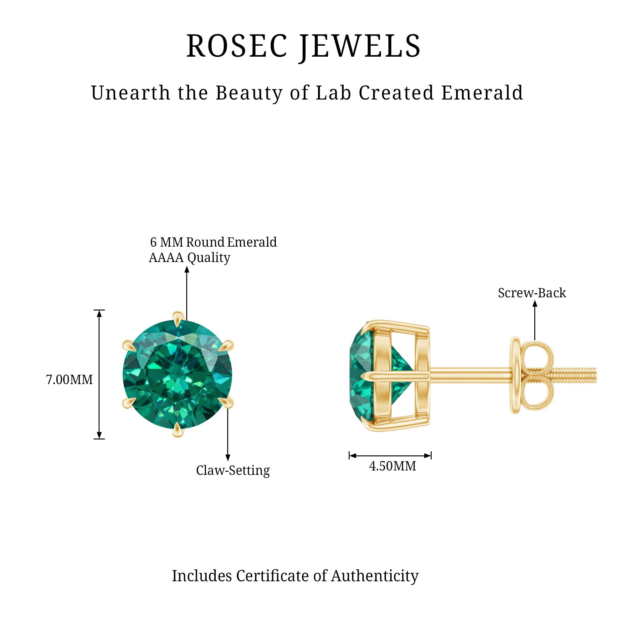 Certified Lab Created Emerald Solitaire Stud Earrings For Her AAAA - Rosec Jewels