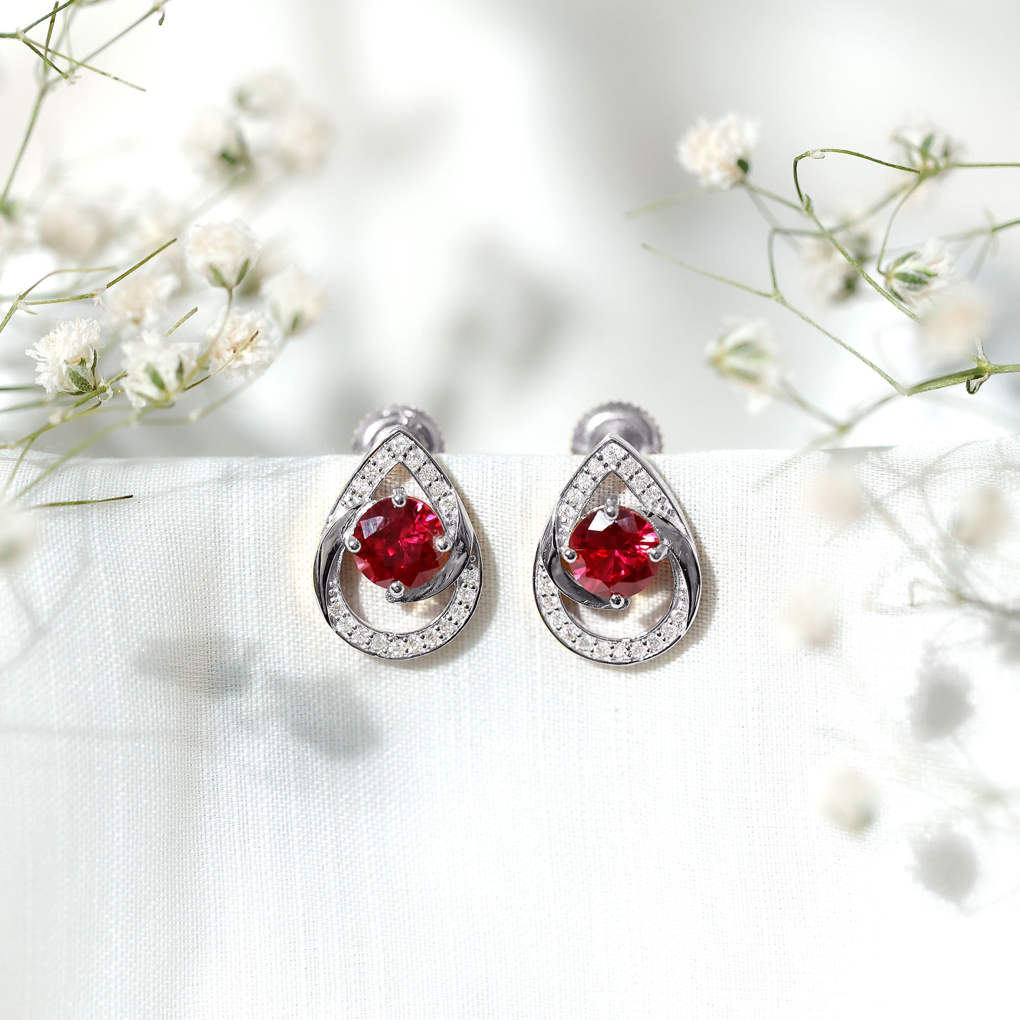 Lab Grown Ruby Teardrop Stud Earrings With Diamond AAAA - Rosec Jewels