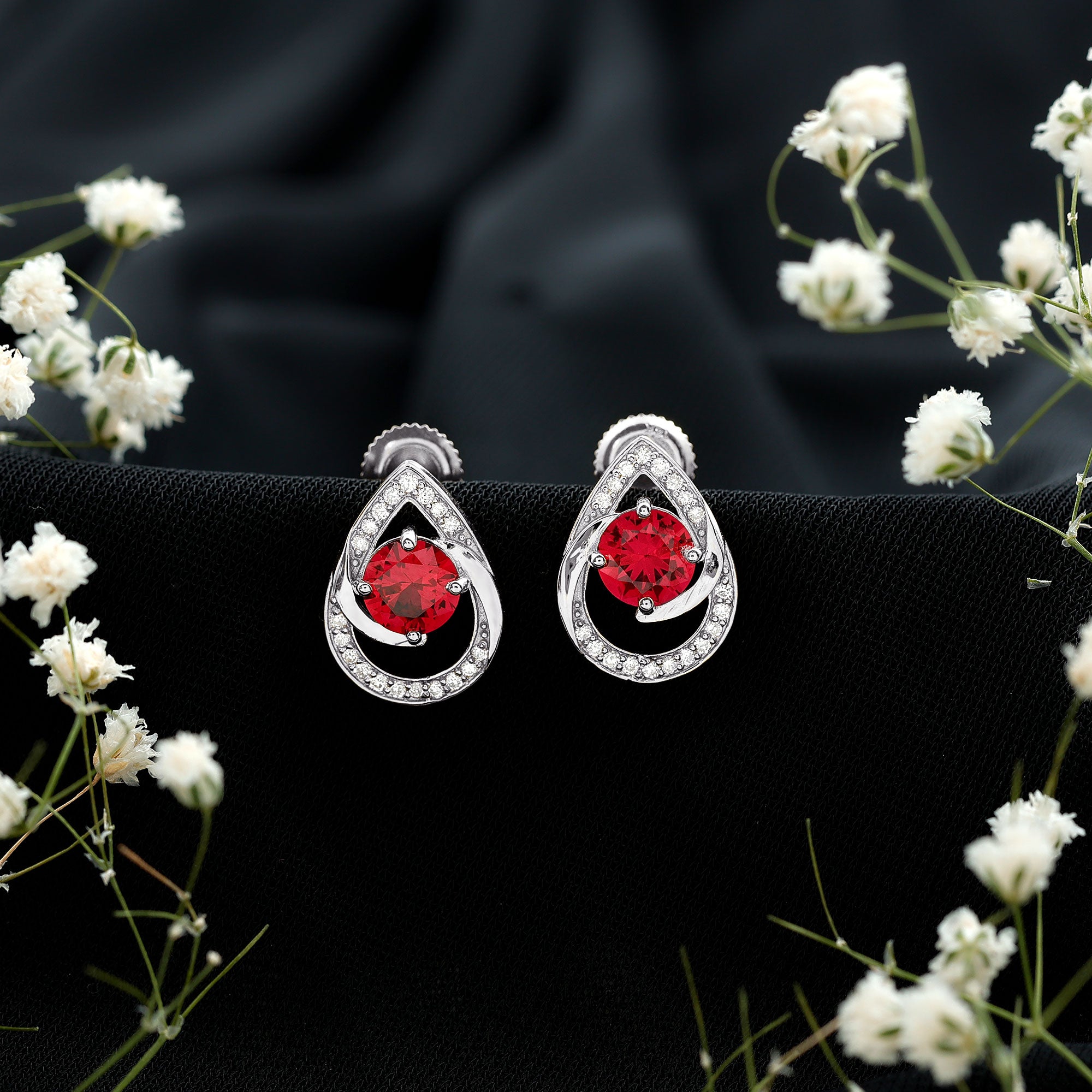 Lab Grown Ruby Teardrop Stud Earrings With Diamond AAAA - Rosec Jewels