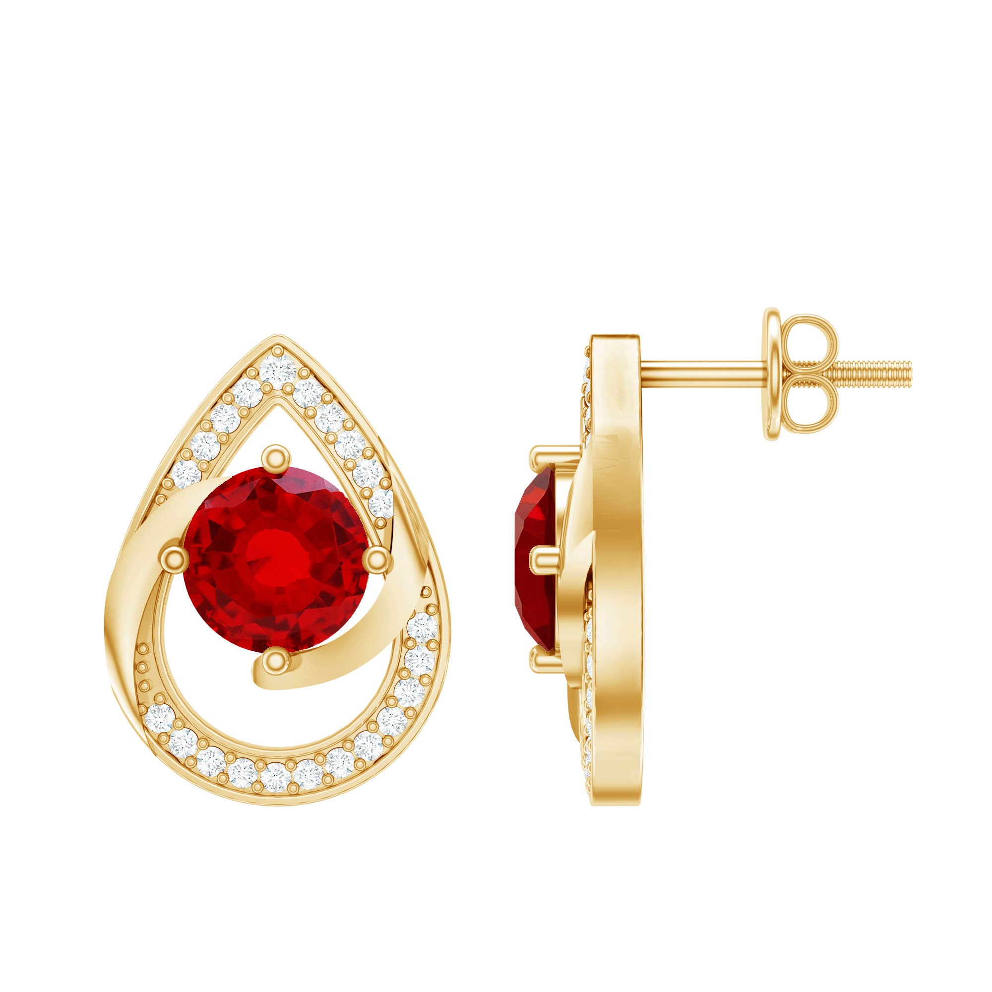 Lab Grown Ruby Teardrop Stud Earrings With Diamond AAAA - Rosec Jewels
