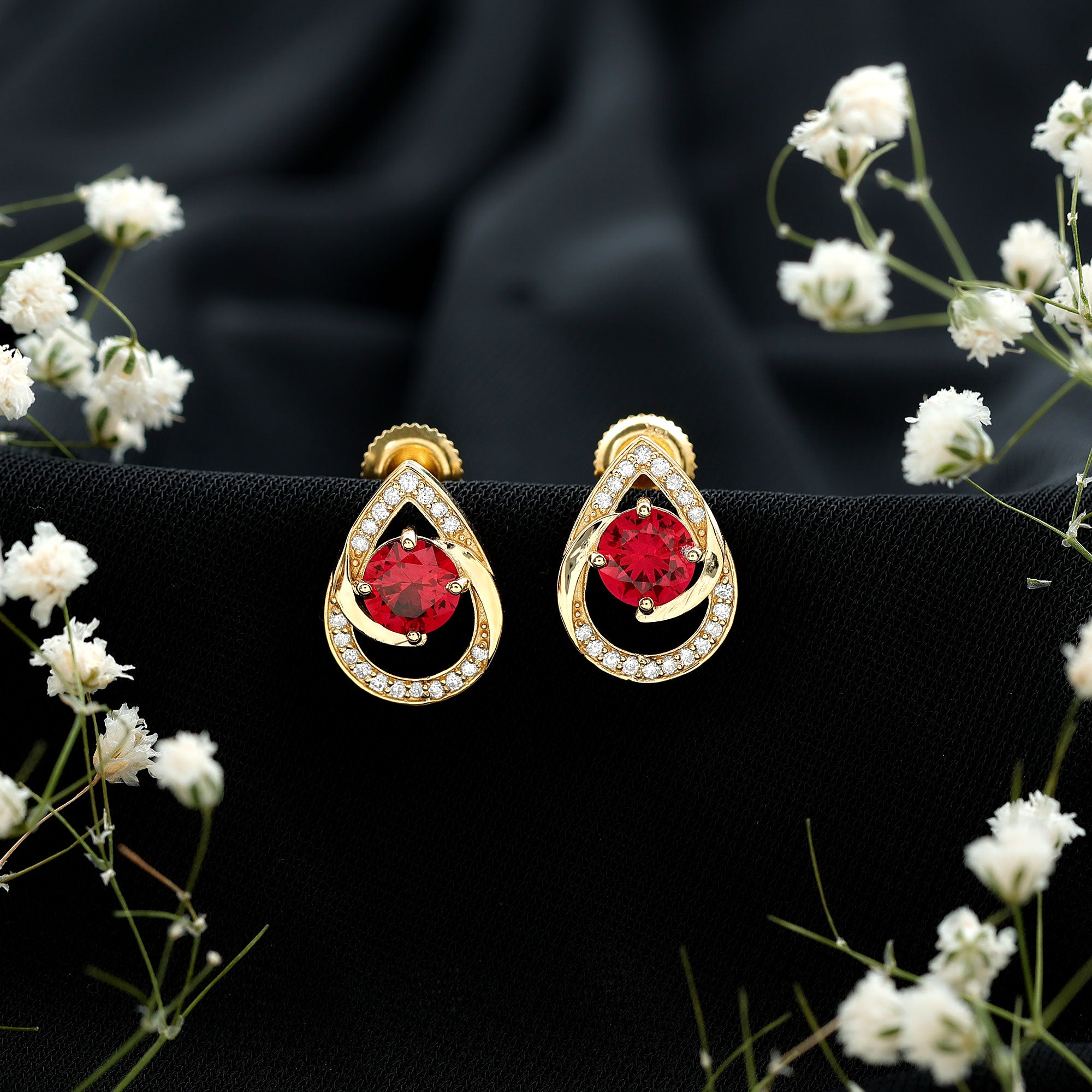 Lab Grown Ruby Teardrop Stud Earrings With Diamond AAAA - Rosec Jewels