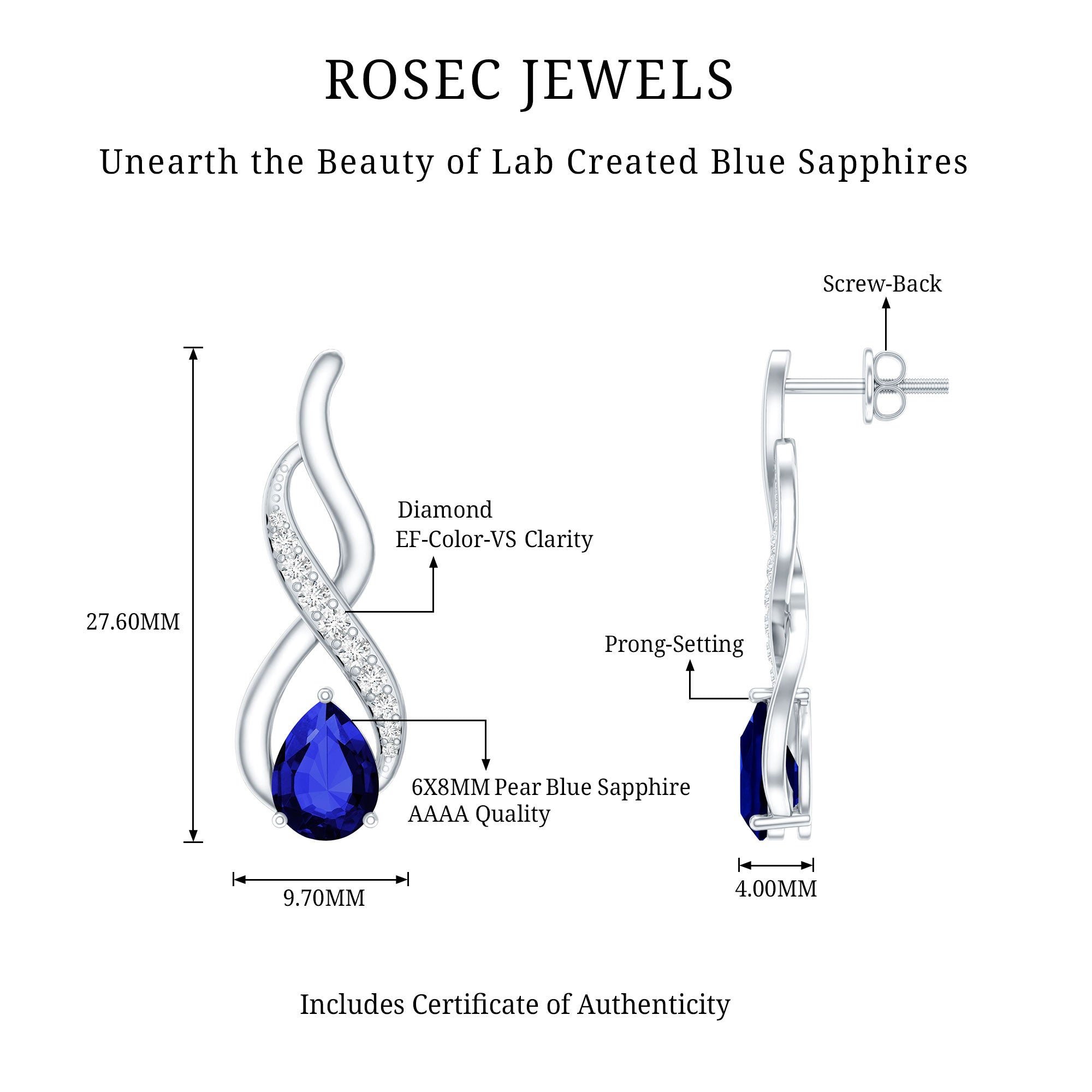 Lab Grown Blue Sapphire Infinity Drop Earrings with Diamond AAAA - Rosec Jewels