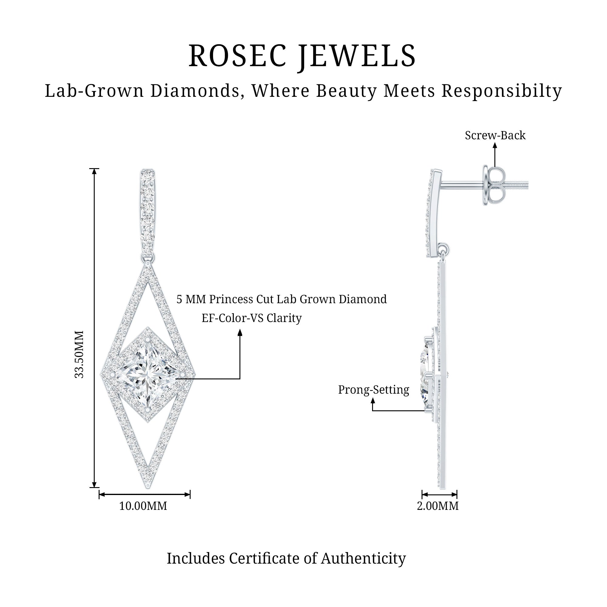 Certified Lab Grown Wedding Dangle Earrings Lab - ( EF-VS ) - Rosec Jewels