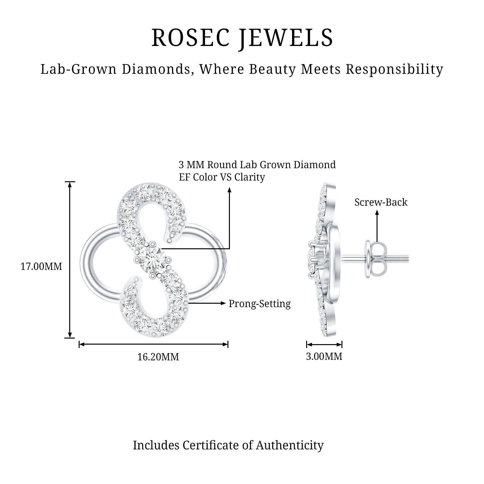 Lab Grown Diamond Floral Stud Earrings with Screw Back Lab - ( EF-VS ) - Rosec Jewels