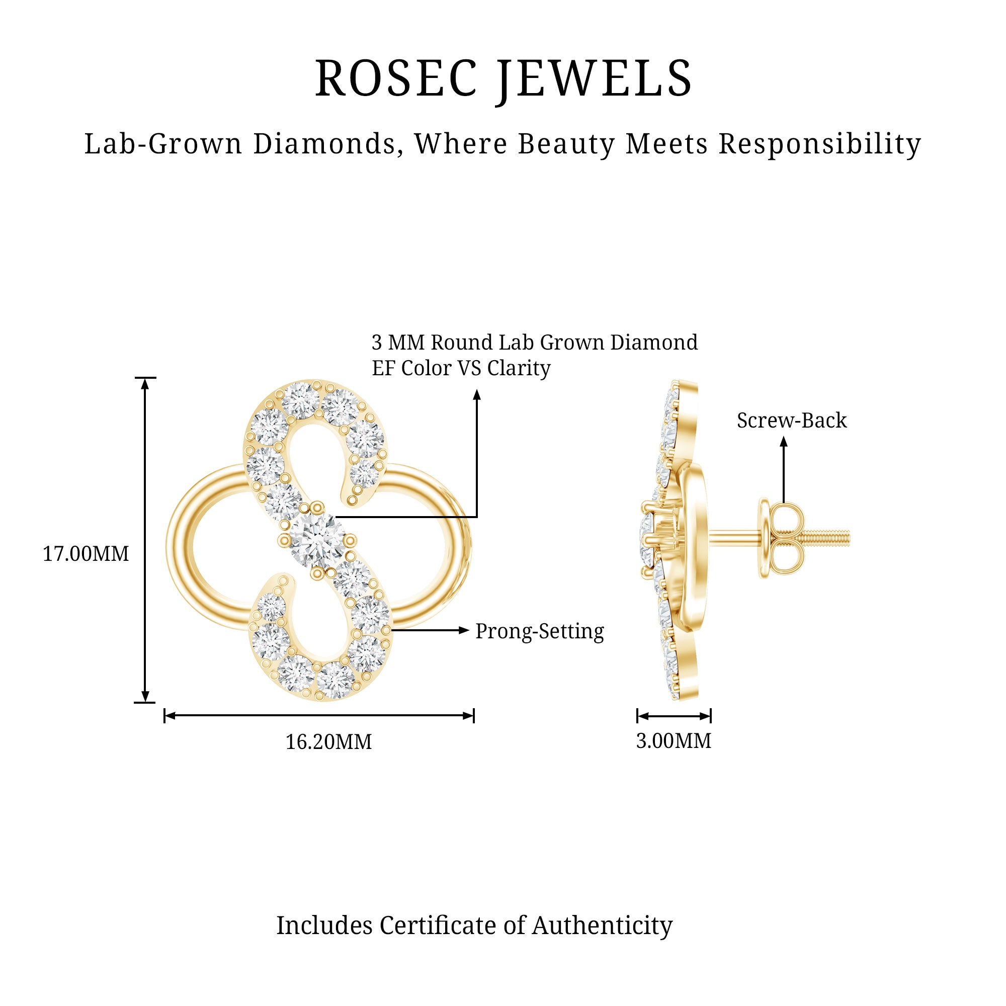 Lab Grown Diamond Floral Stud Earrings with Screw Back Lab - ( EF-VS ) - Rosec Jewels
