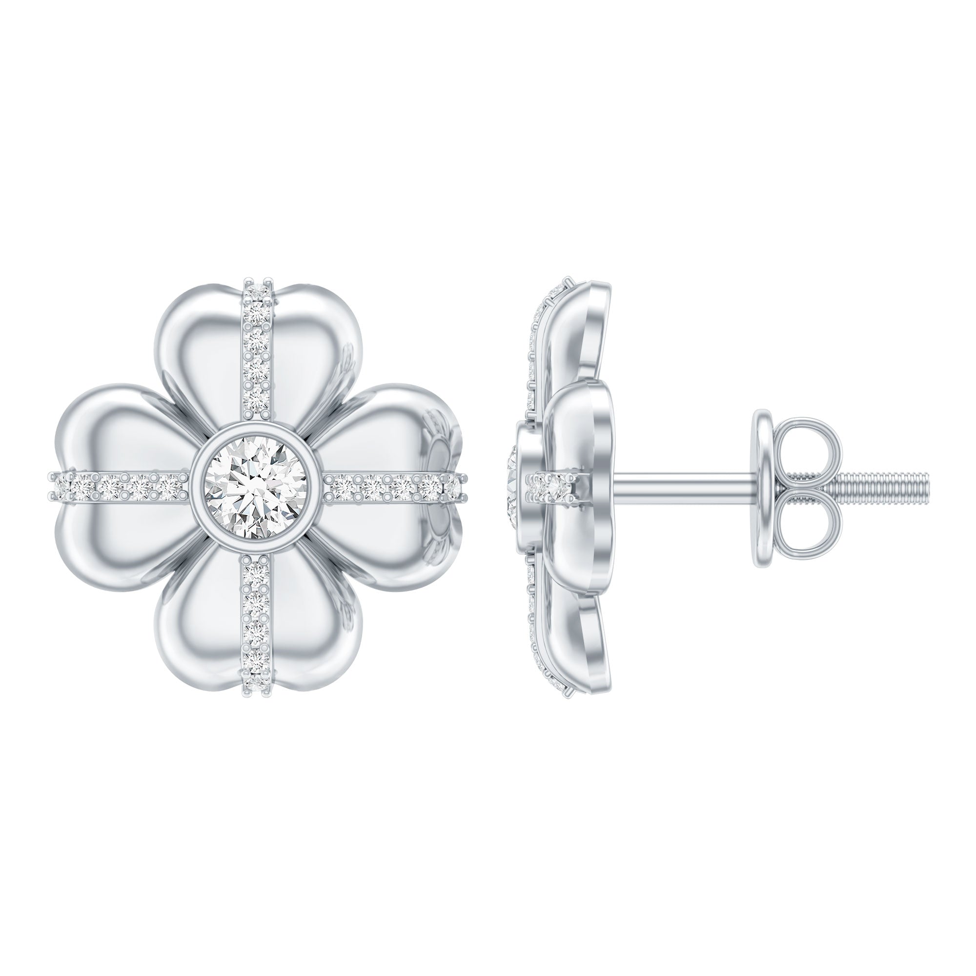 Lab Grown Diamond Flower Stud Earrings With Screw Back Lab - ( EF-VS ) - Rosec Jewels